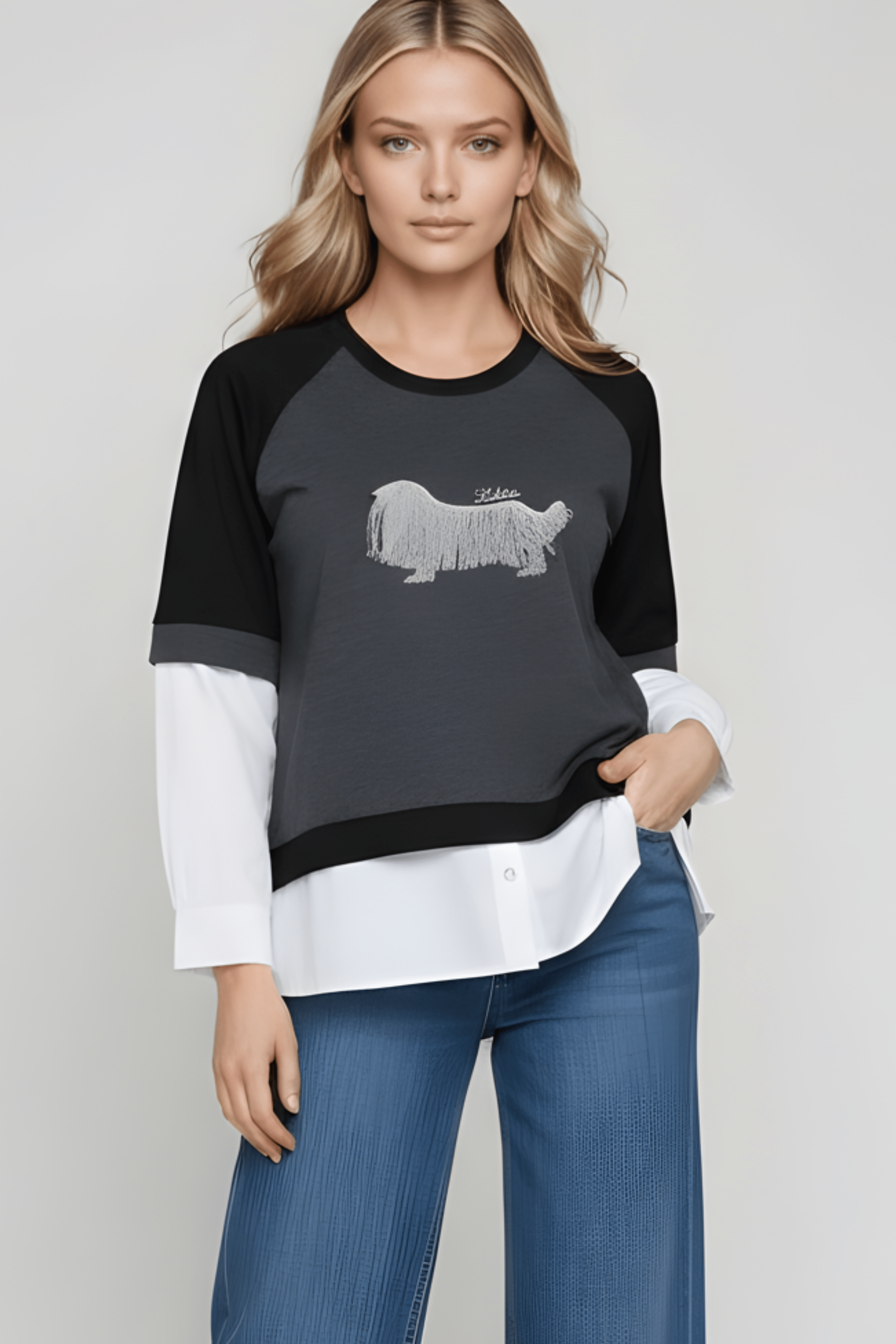 Camiseta gris antracita manga raglan camisera perro bordao Lolitas&L - lolitasyl.com