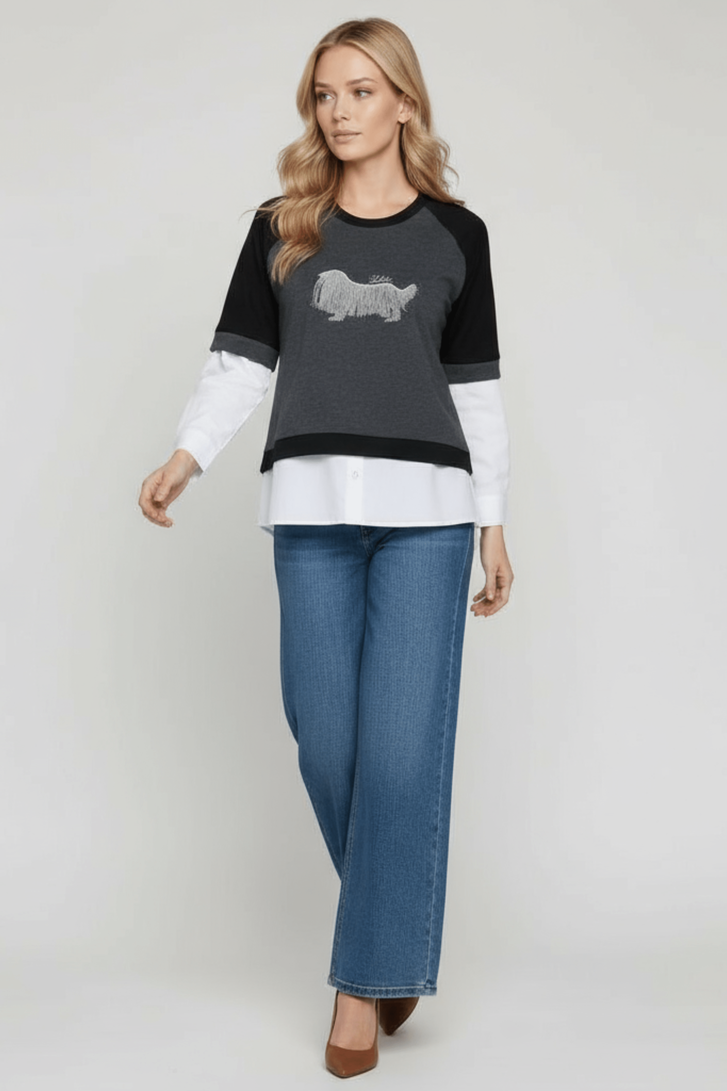 Camiseta gris antracita manga raglan camisera perro bordao Lolitas&L - lolitasyl.com