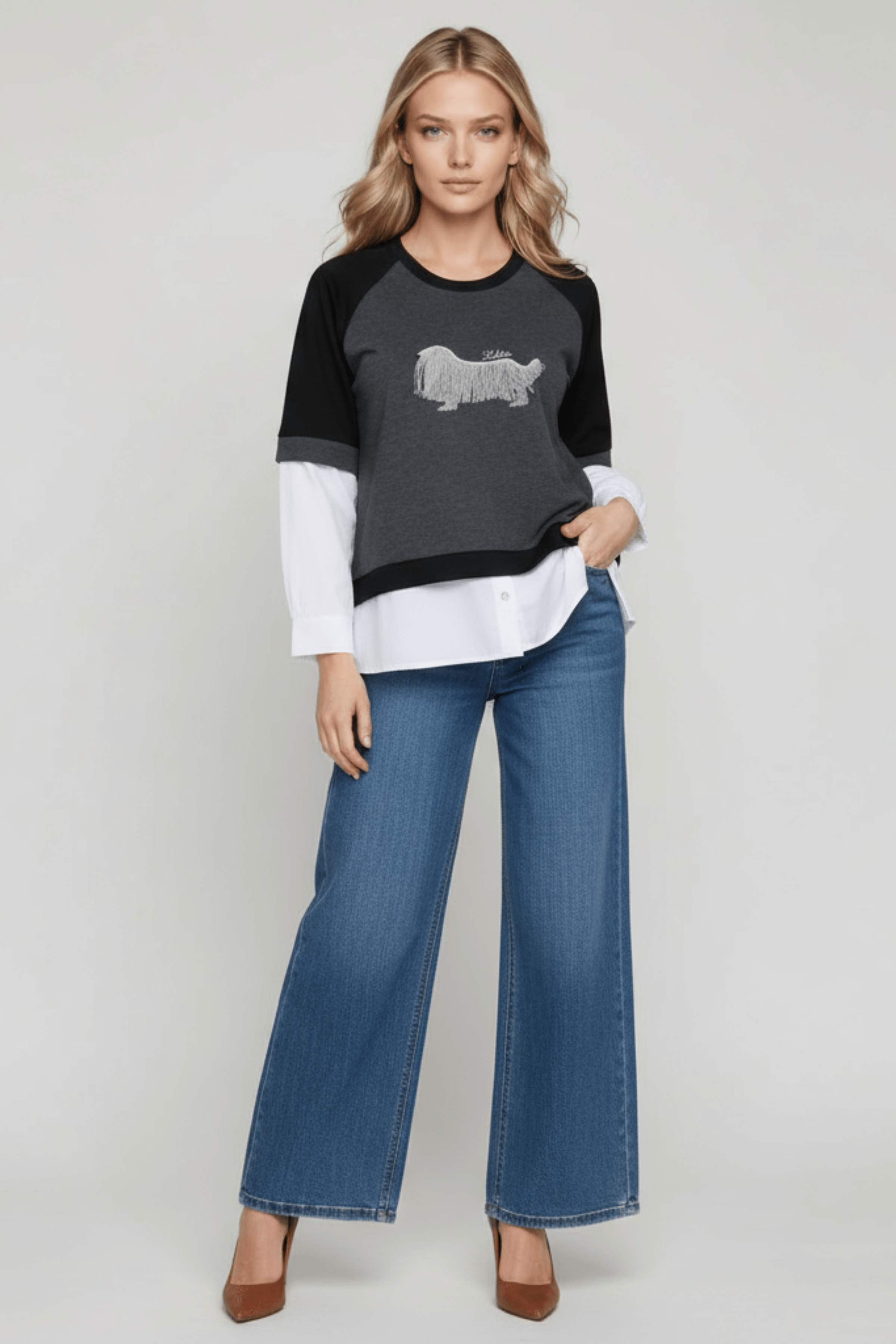 Camiseta gris antracita manga raglan camisera perro bordao Lolitas&L - lolitasyl.com