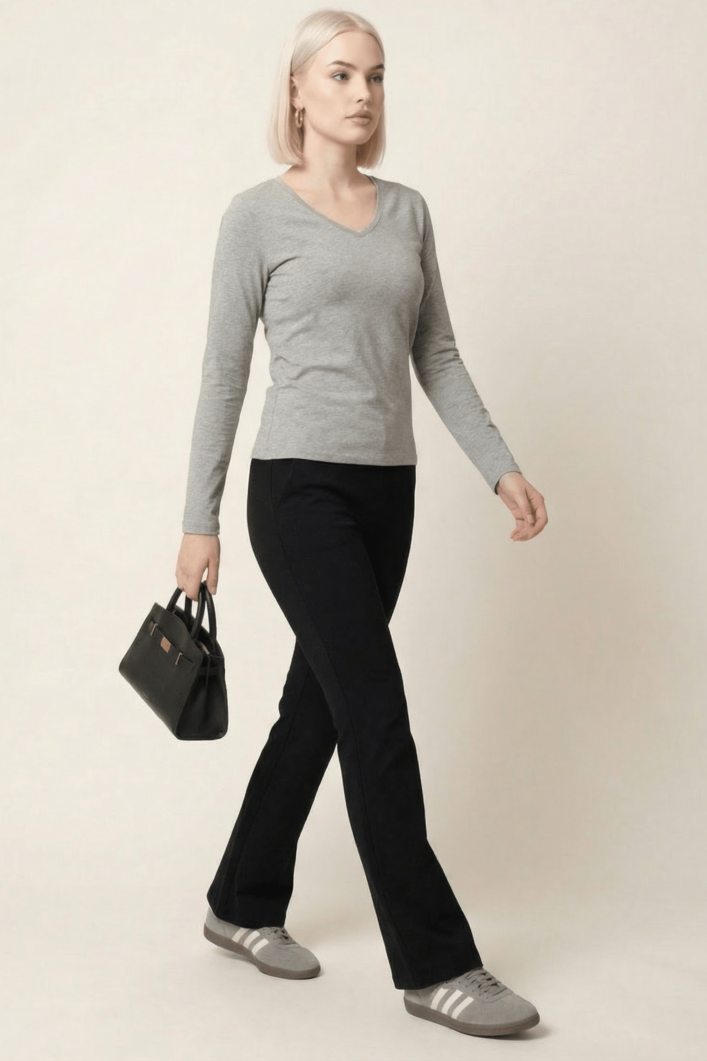 Camiseta gris basica con escote pico y manga larga Lolitas&L - lolitasyl.com