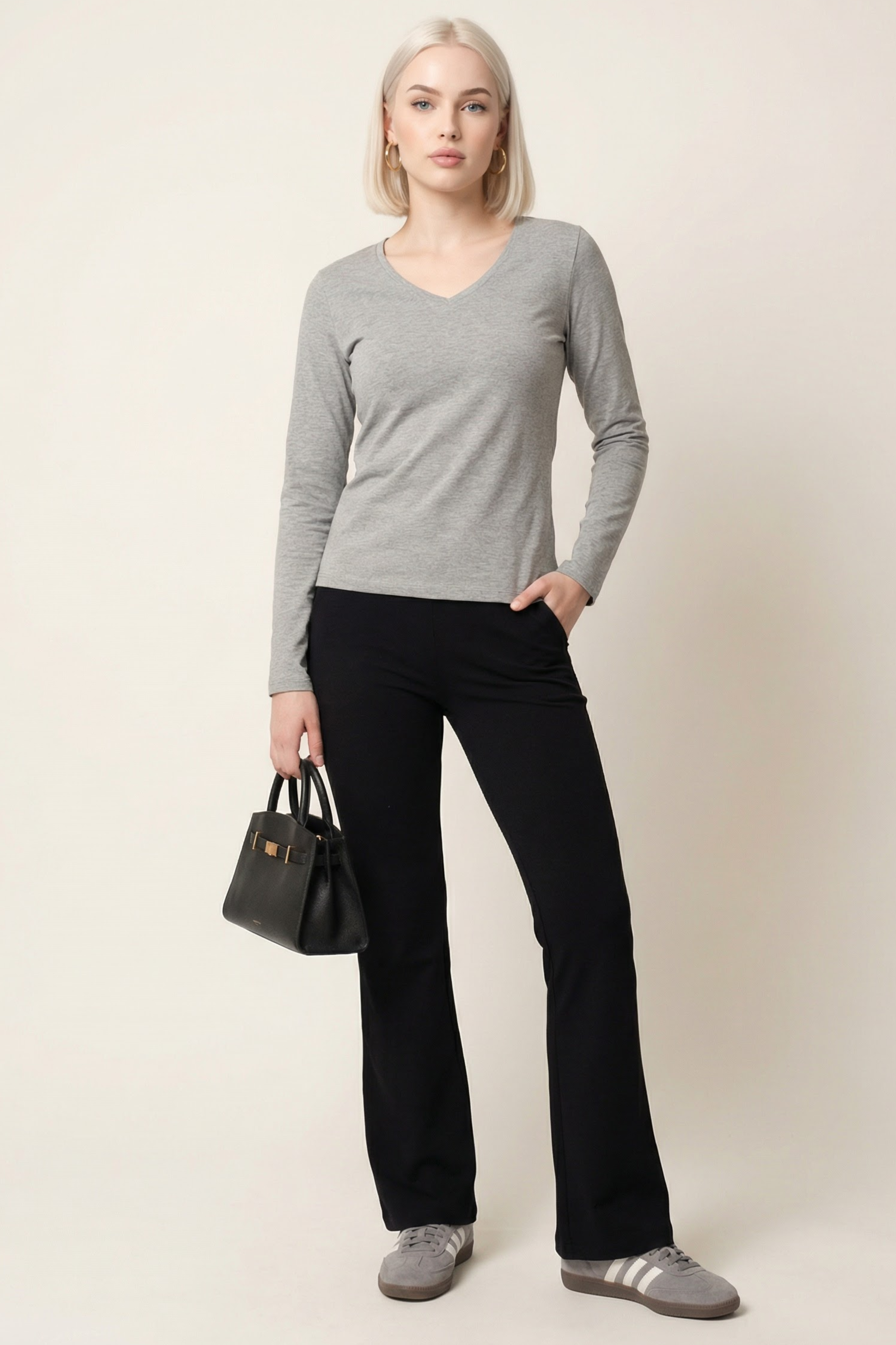 Camiseta gris basica con escote pico y manga larga Lolitas&L