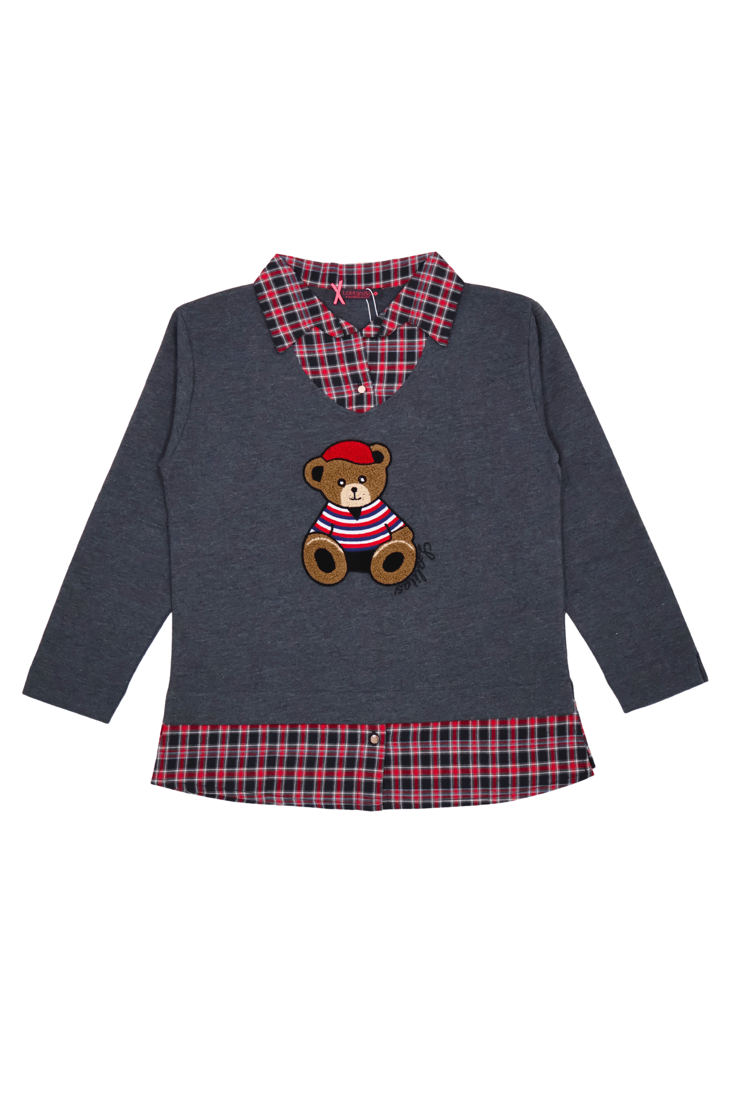 Camiseta gris con cuadro escoces verde y bordado osito Lolitas&L - lolitasyl.com