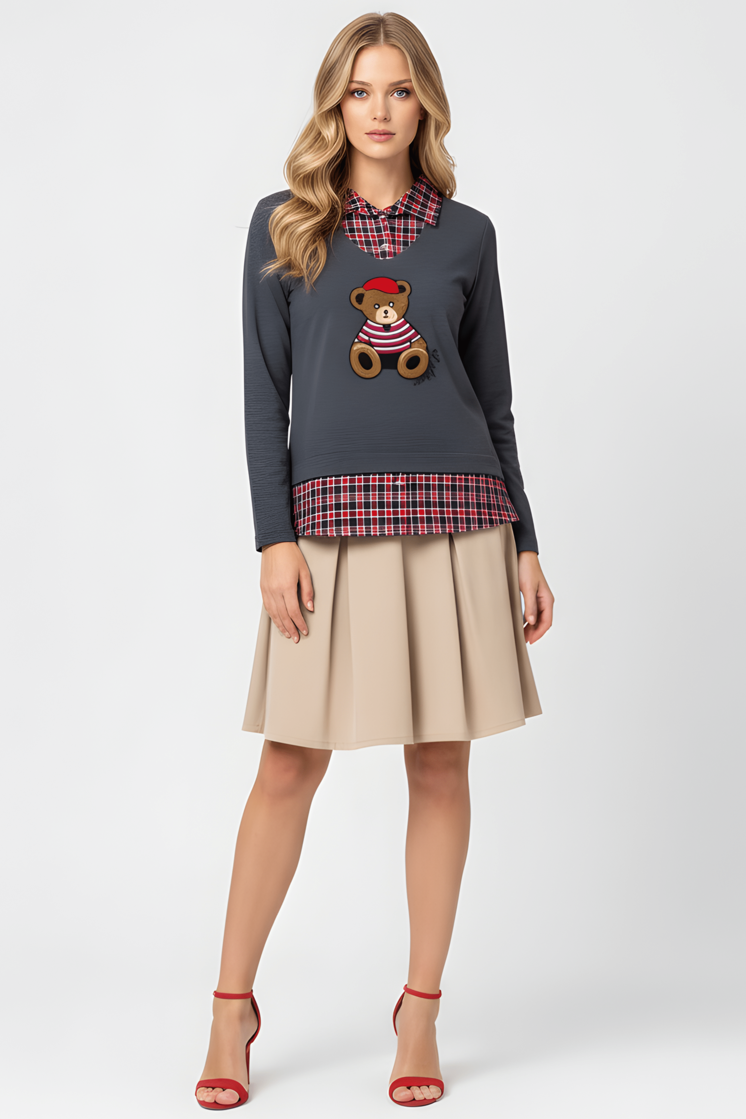 Camiseta gris con cuadro escoces verde y bordado osito Lolitas&L - lolitasyl.com