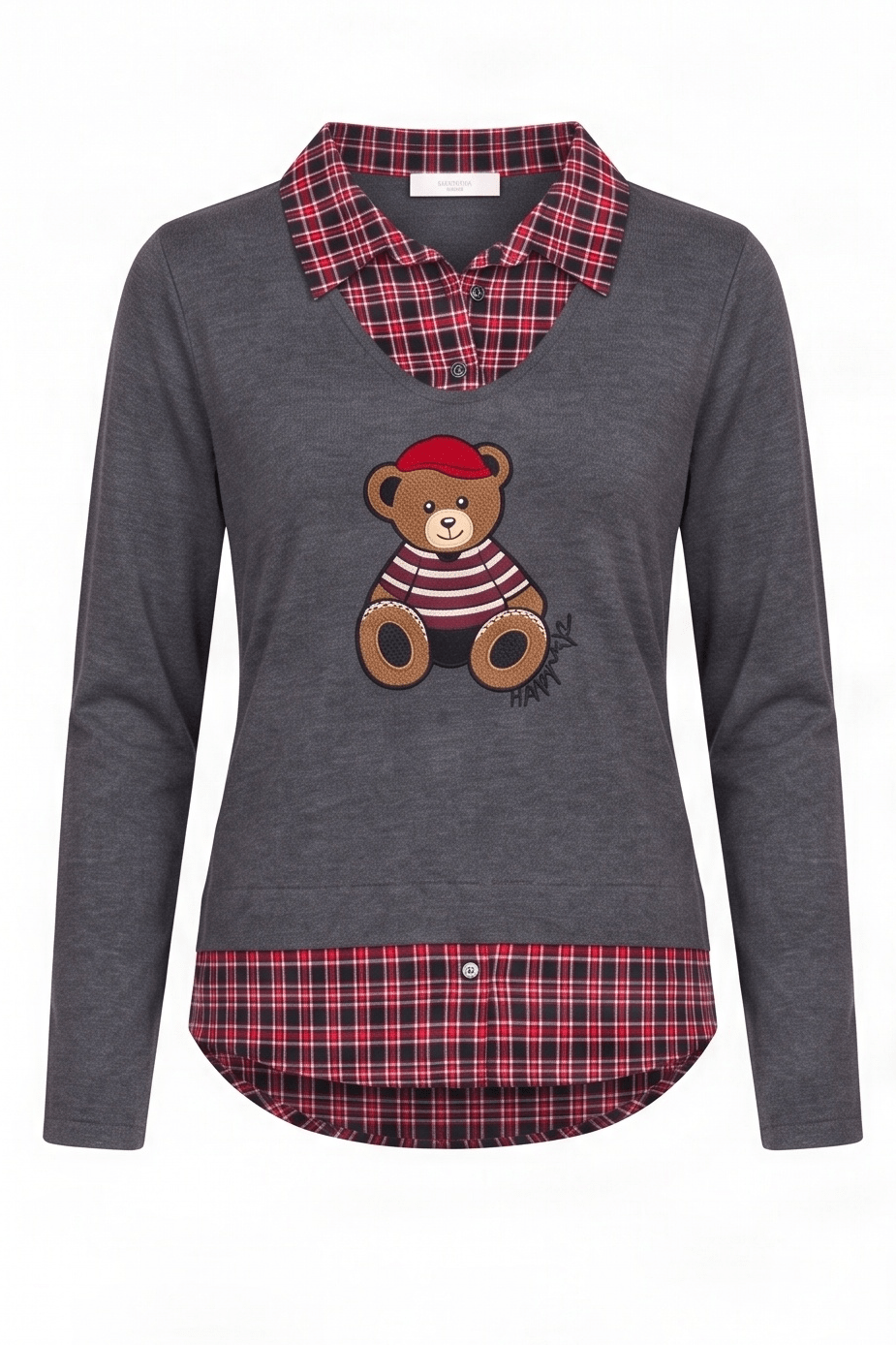 Camiseta gris con cuadro escoces verde y bordado osito Lolitas&L - lolitasyl.com