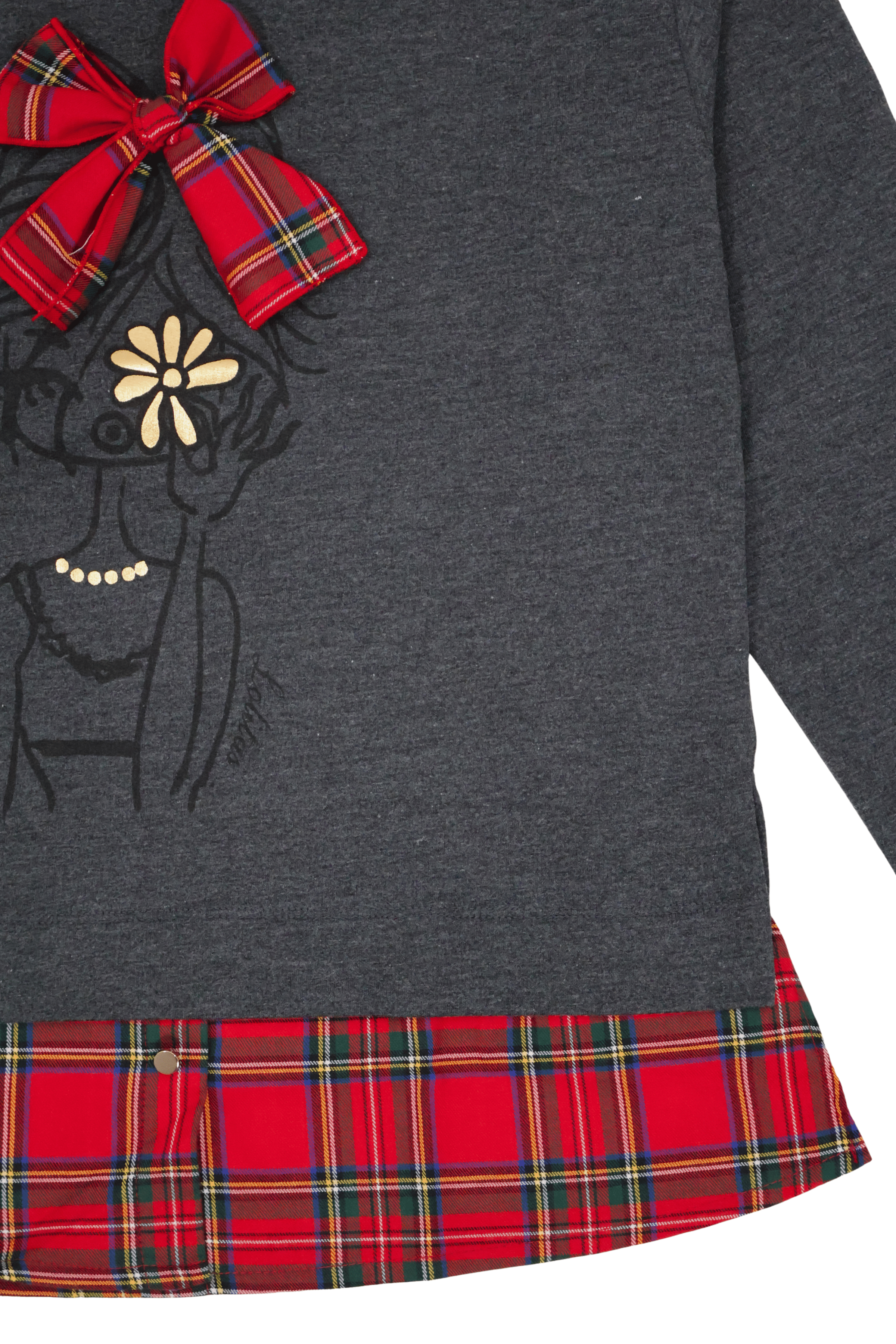 Camiseta gris con estampado muñeca y lazo cuadro escoces Lolitas&L - lolitasyl.com