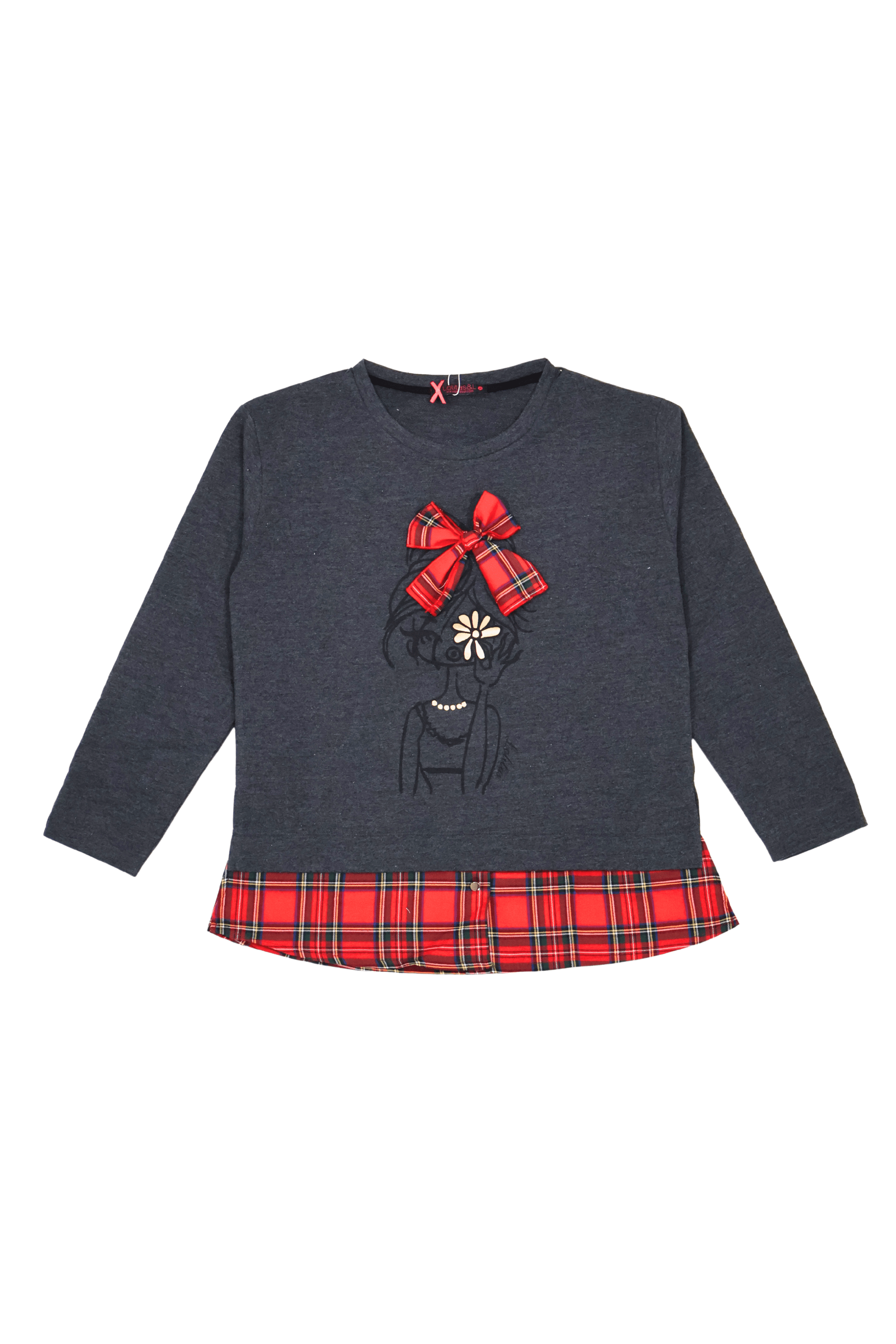 Camiseta gris con estampado muñeca y lazo cuadro escoces Lolitas&L - lolitasyl.com