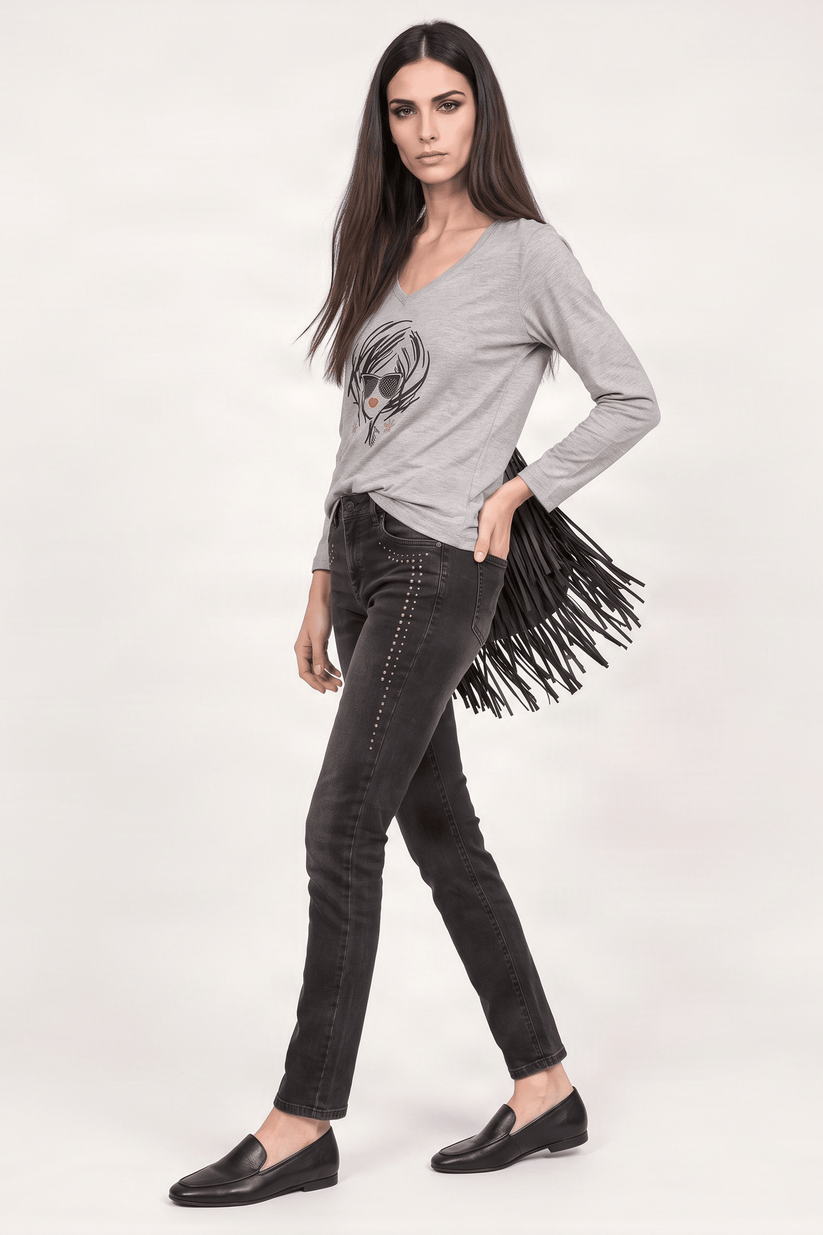 Camiseta gris estampado cara con gafas manga larga Lolitas&L - lolitasyl.com