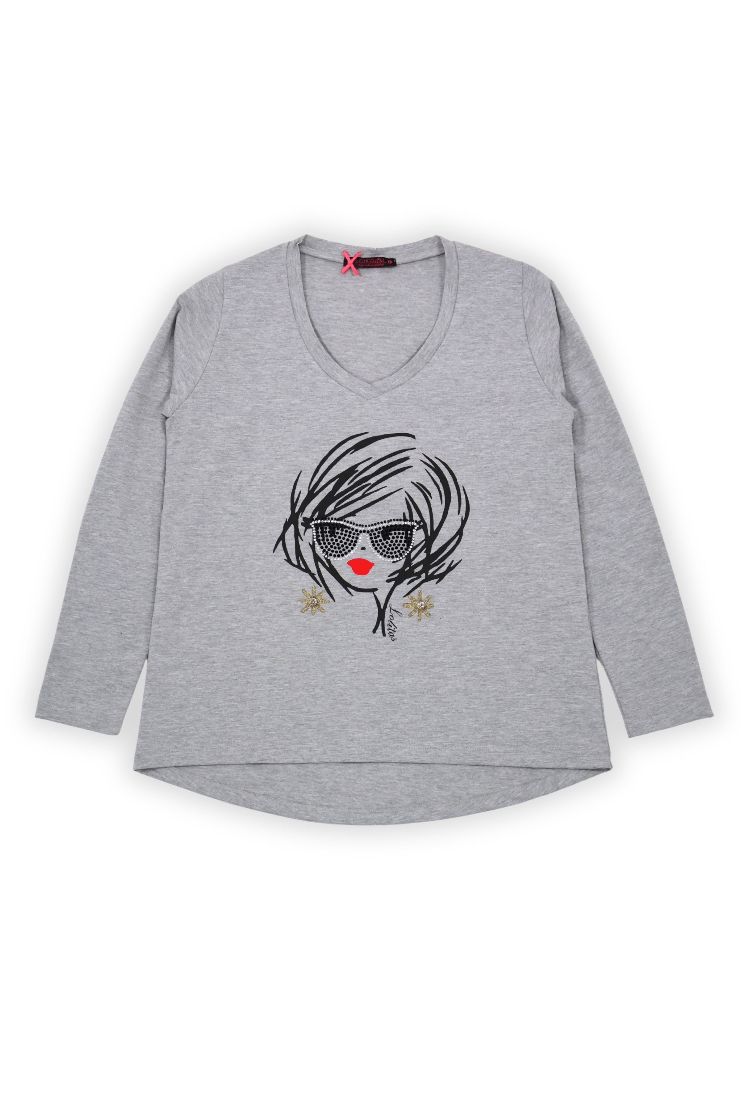 Camiseta gris estampado cara con gafas manga larga Lolitas&L - lolitasyl.com