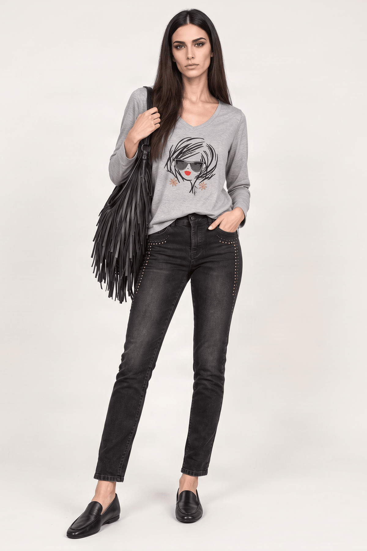 Camiseta gris estampado cara con gafas manga larga Lolitas&L - lolitasyl.com