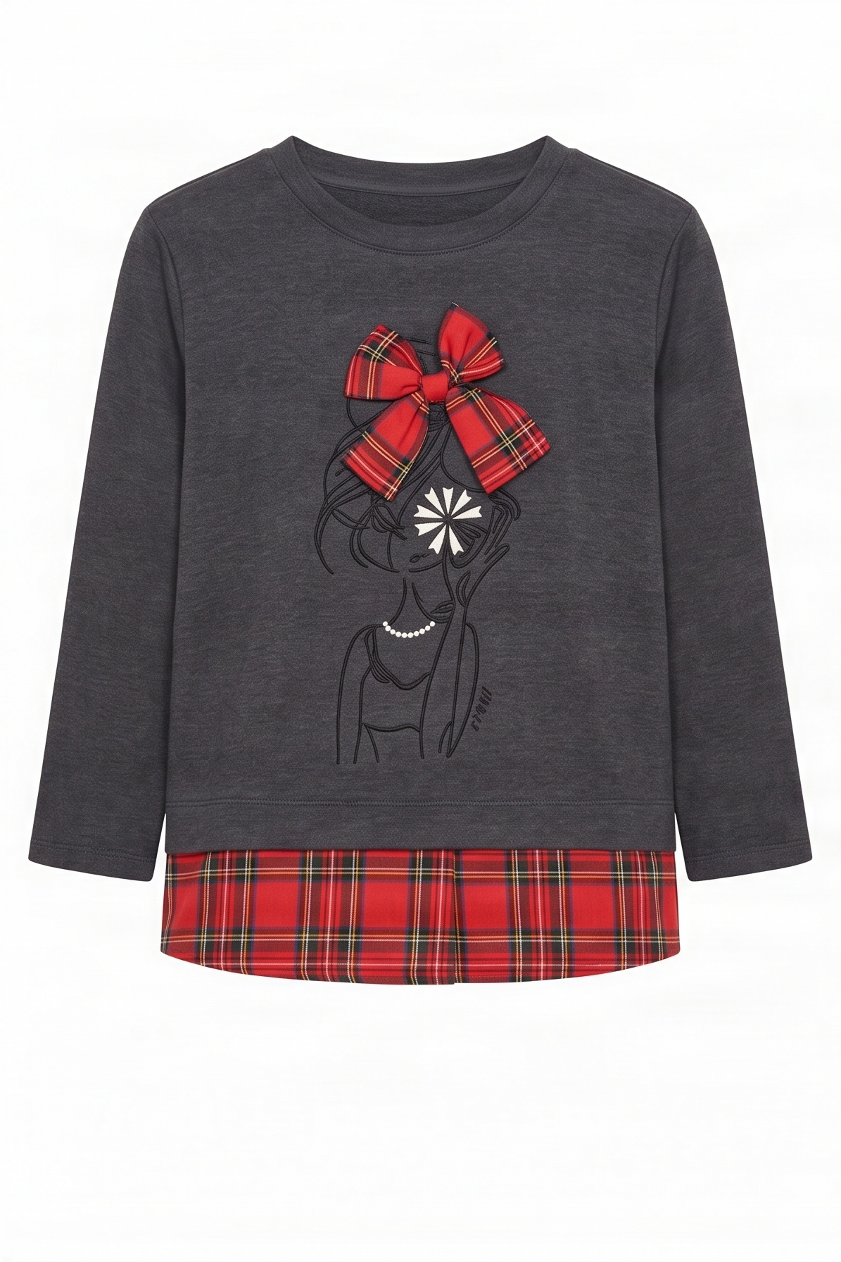 Camiseta gris con estampado muñeca y lazo cuadro escoces Lolitas&L