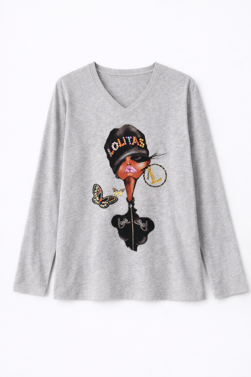 Camiseta Gris Vigoré de Algodón con Escote Pico, Estampado Digital y Accesorios – Lolitas&L - lolitasyl.com