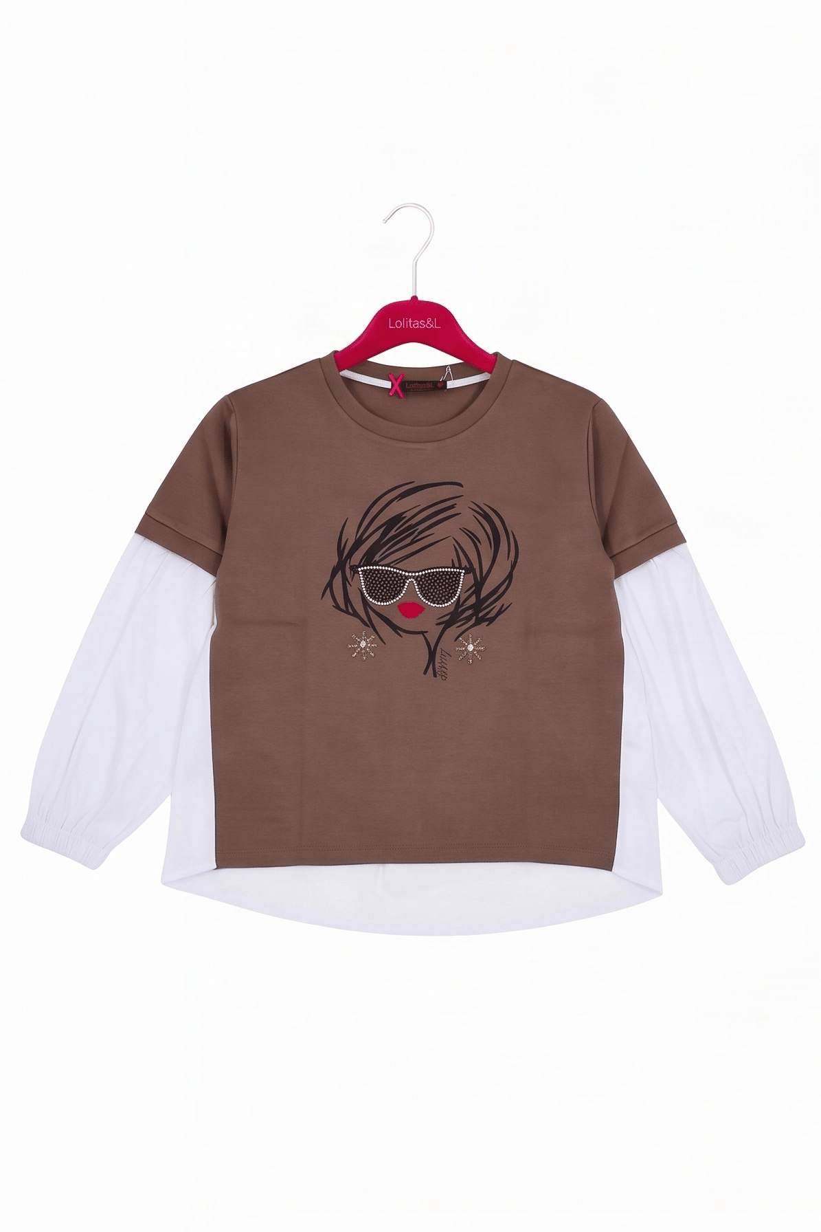 Camiseta Marrón Combinada con Mangas Camiseras y Estampado Gafas Preloved - lolitasyl.com