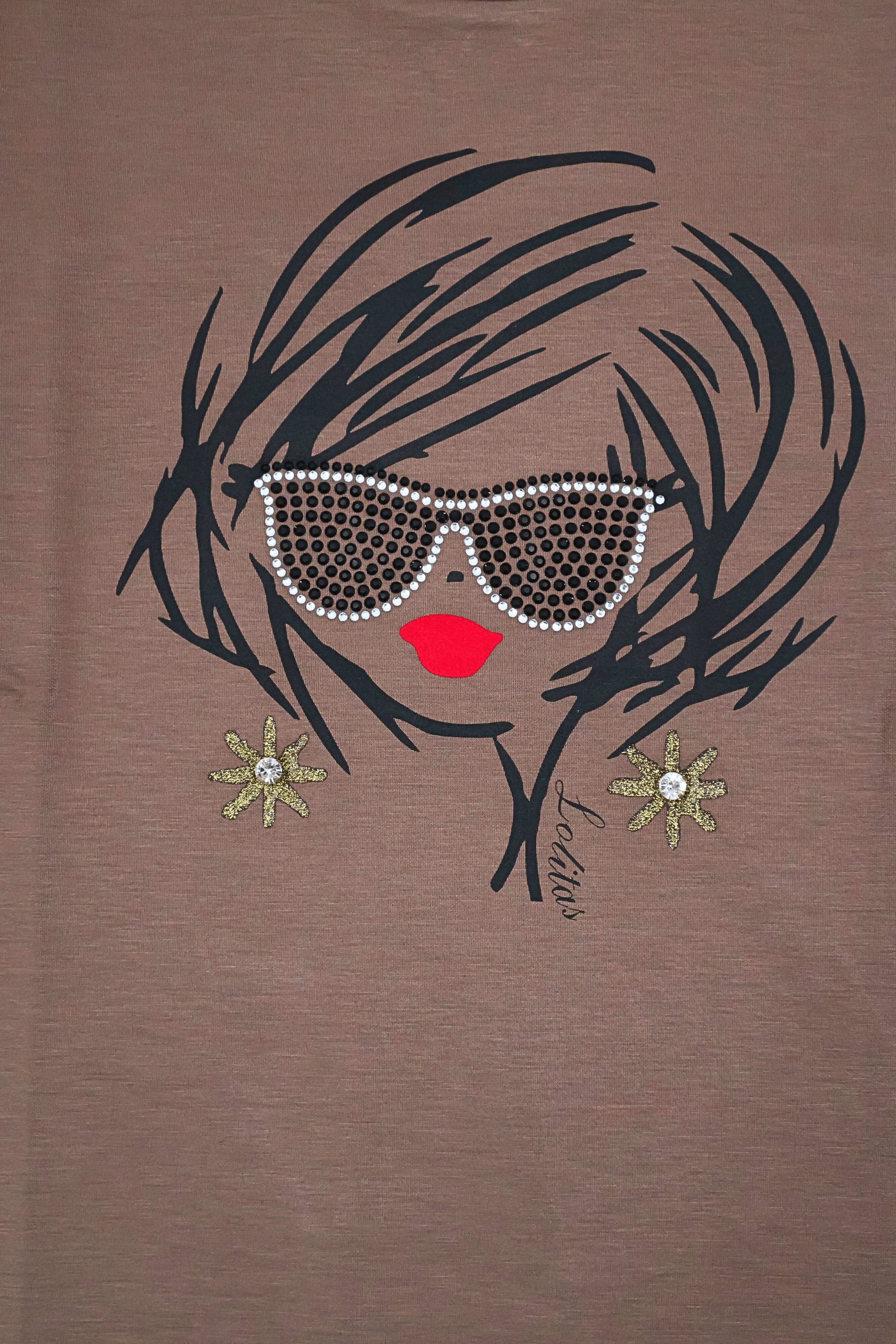 Camiseta marron con mangas camiseras y estampado gafas Lolitas&L - lolitasyl.com