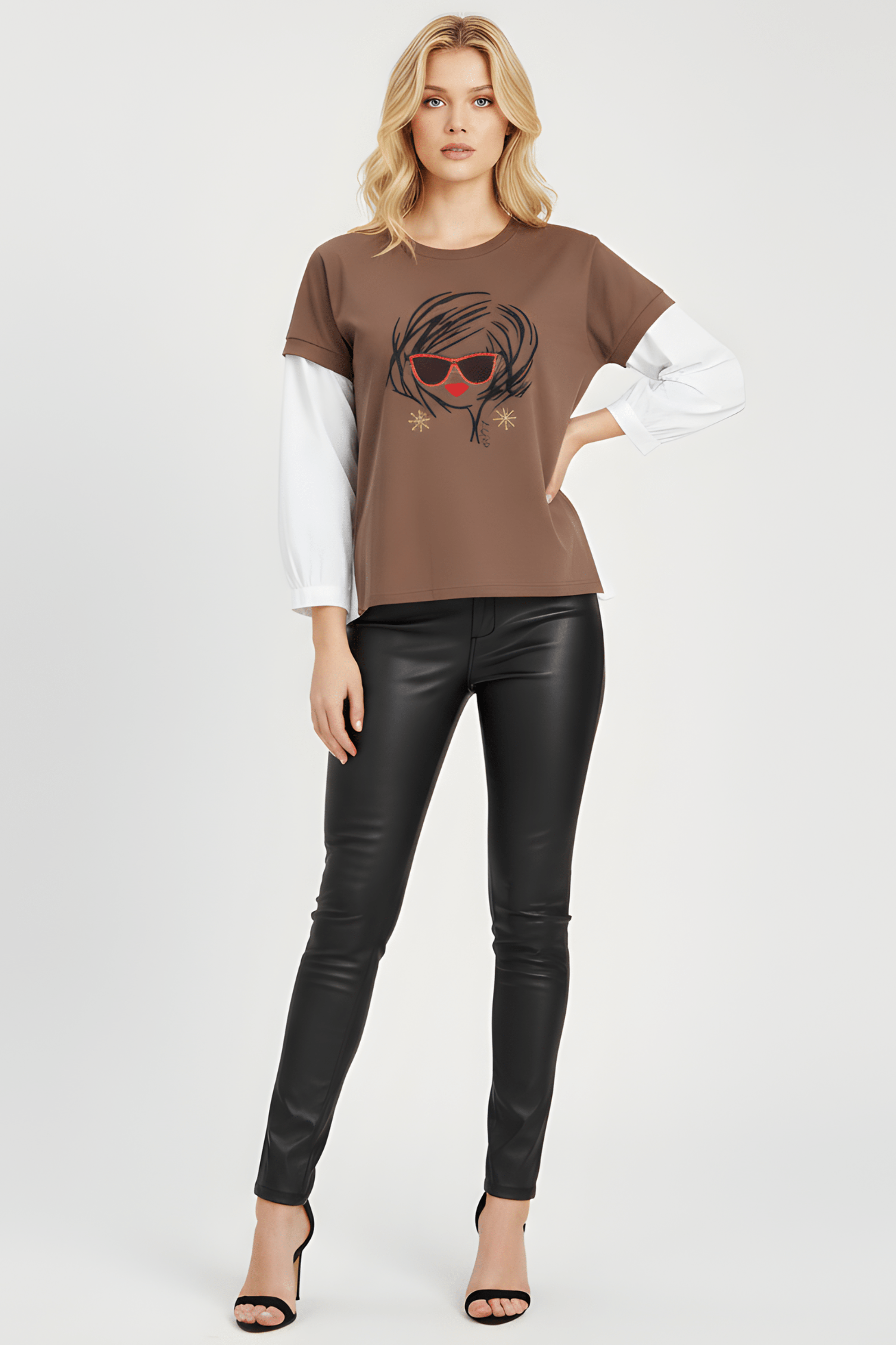 Camiseta marron con mangas camiseras y estampado gafas Lolitas&L - lolitasyl.com