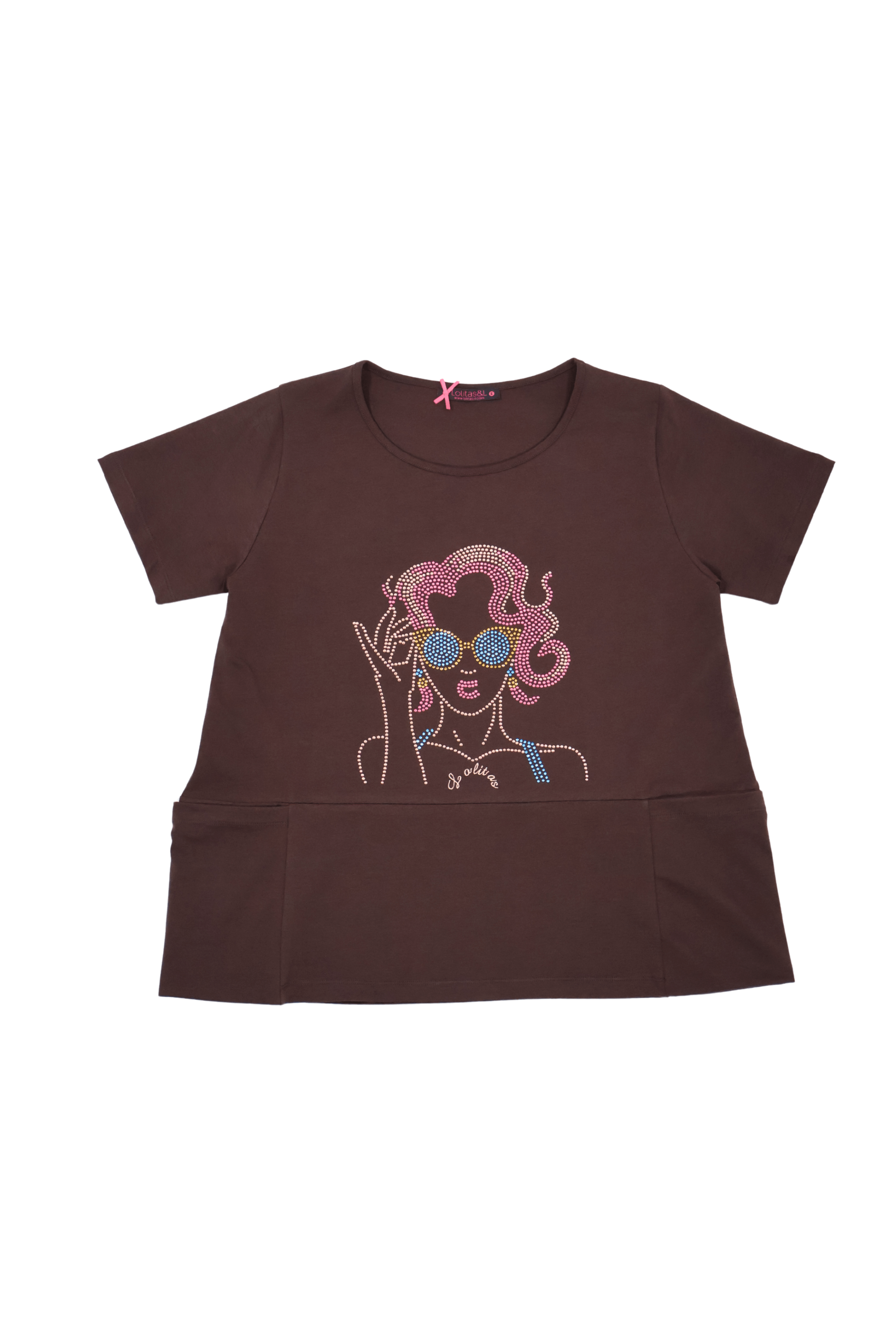 Camiseta marron con mujer gafas de strass Lolitas&L - lolitasyl.com