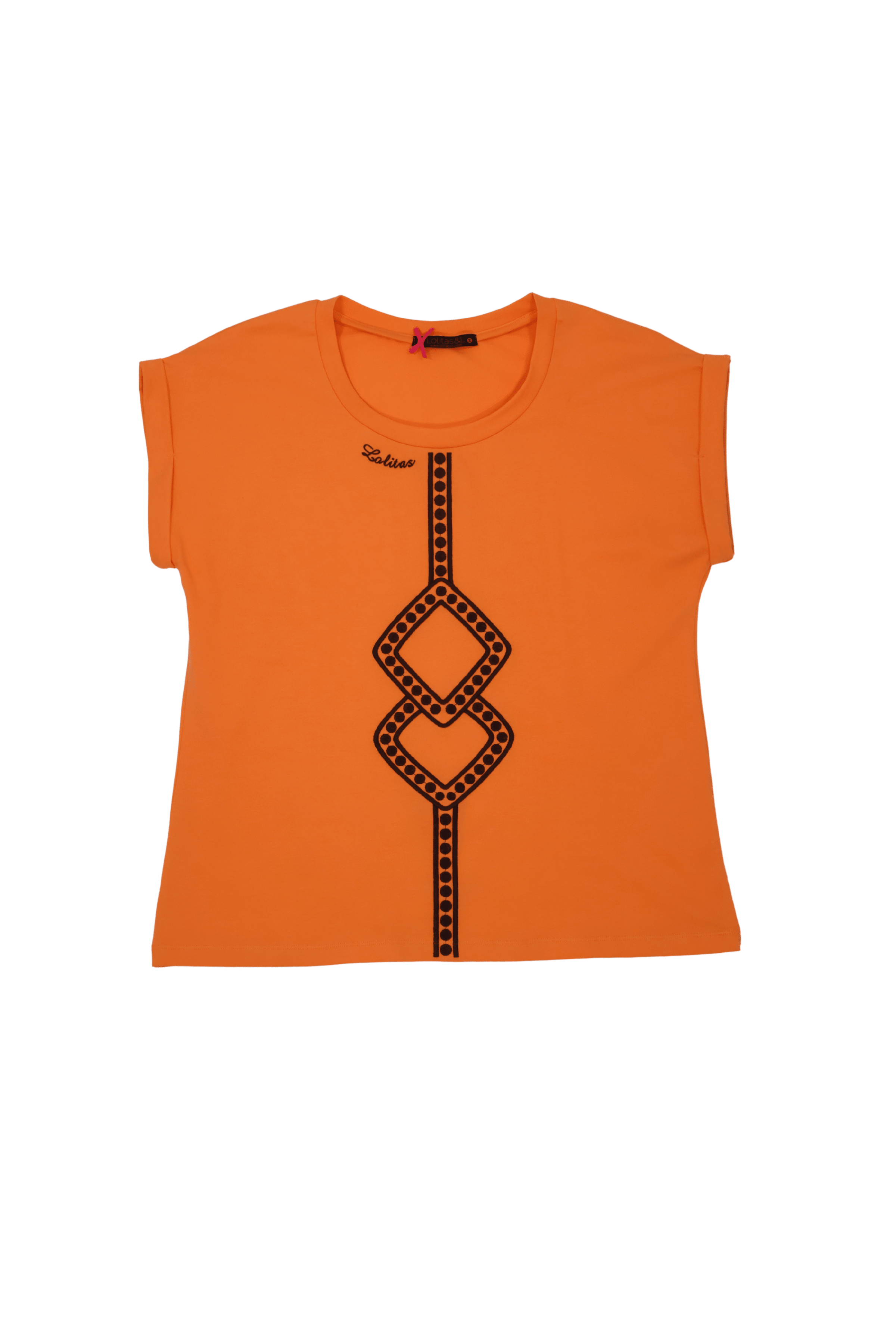Camiseta naranja con cenefa bordada en contraste marron Lolitas&L - lolitasyl.com
