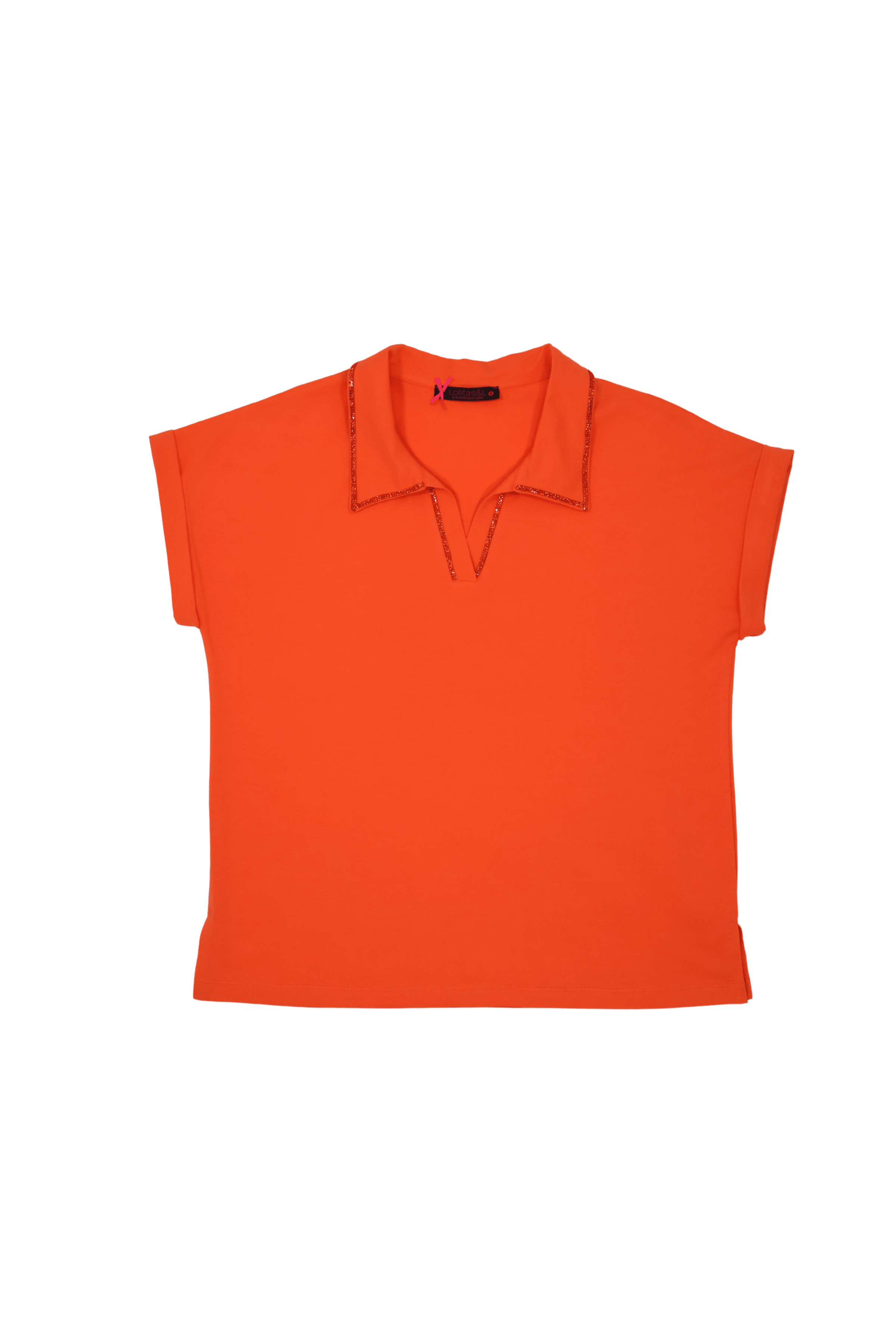 Camiseta naranja cuello polo con strass de manga corta Lolitas&L - lolitasyl.com