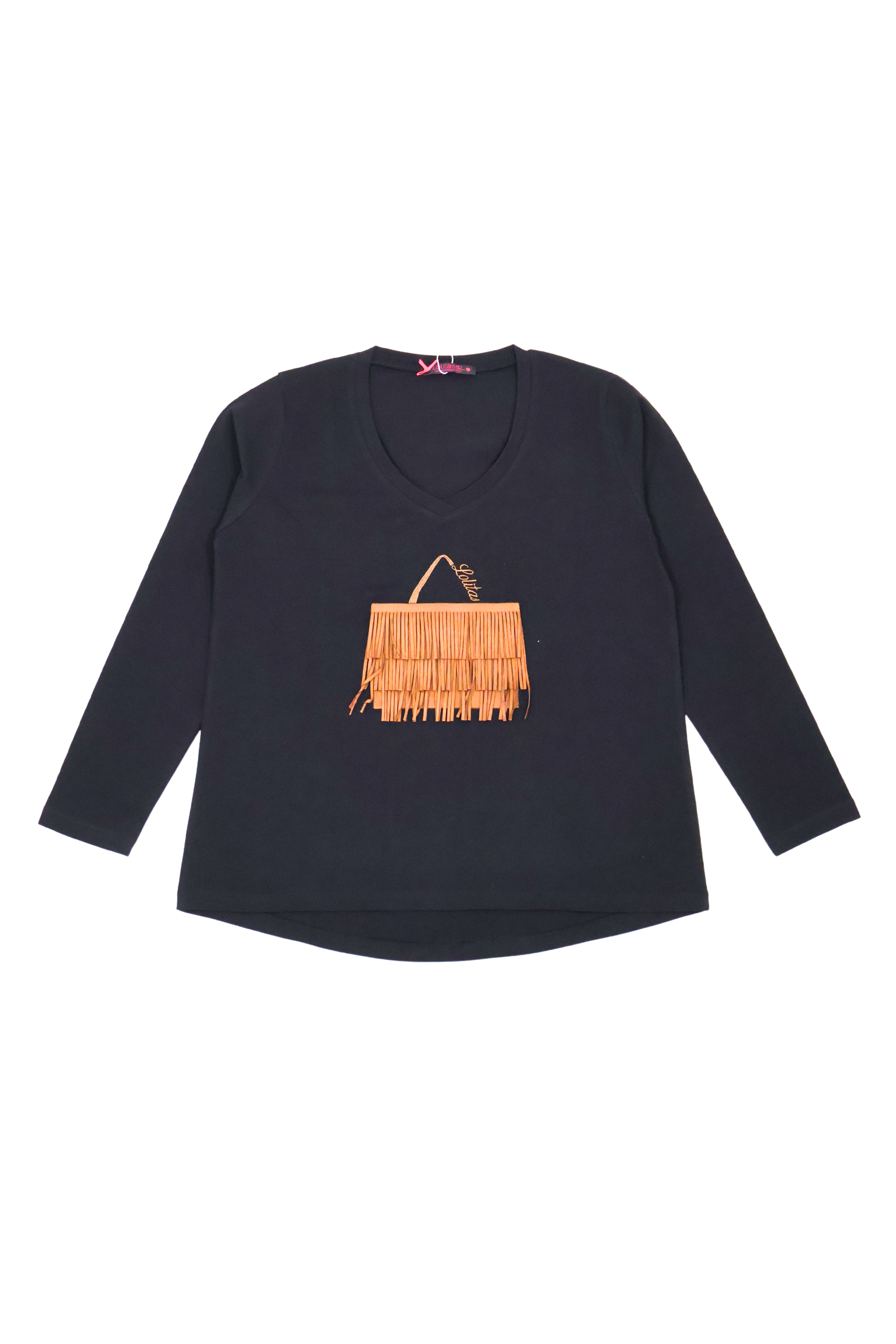 Camiseta negra con bolsito de flecos marron manga larga Lolitas&L
