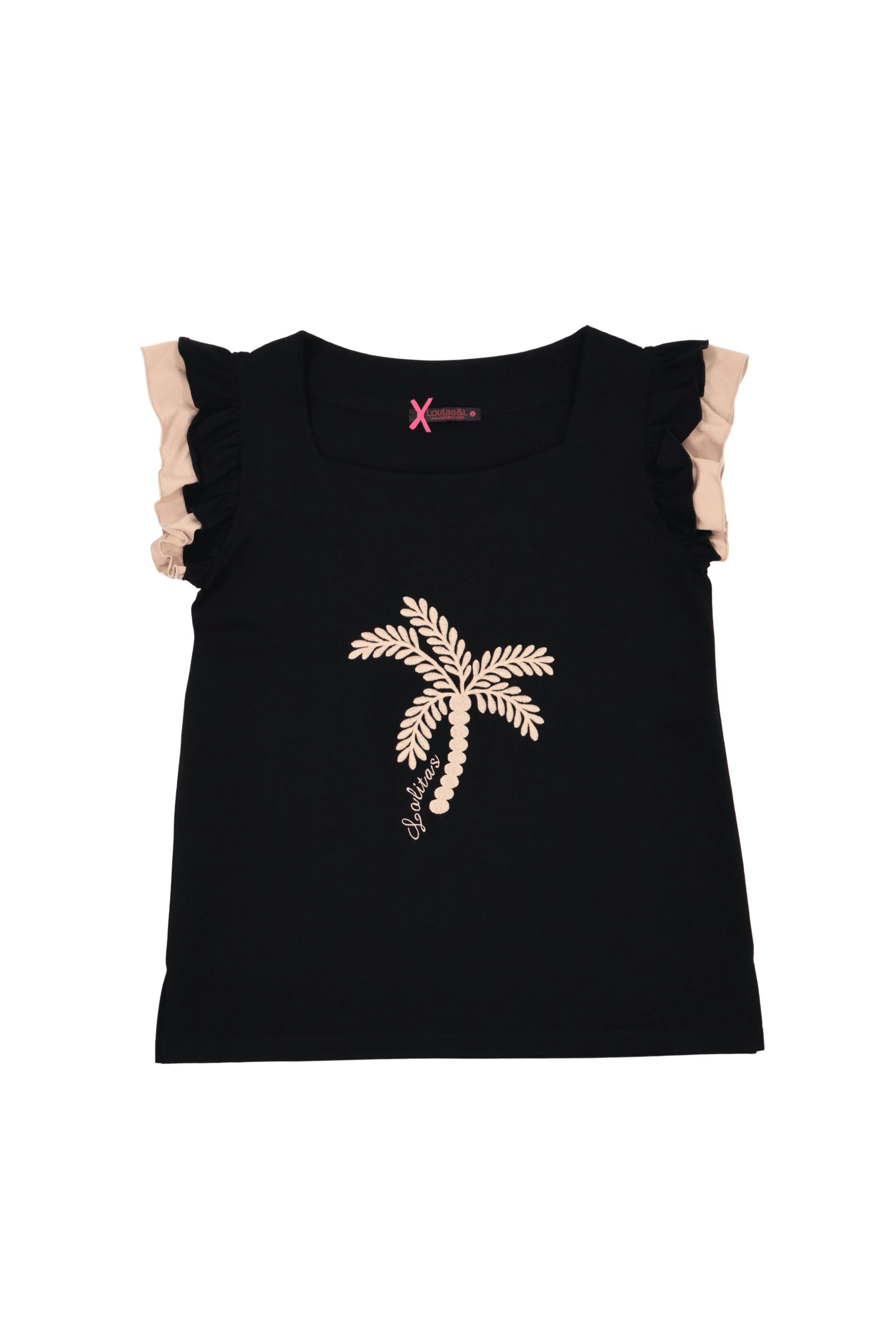 Camiseta negra bordado palmera con volantes Lolitas&L - lolitasyl.com
