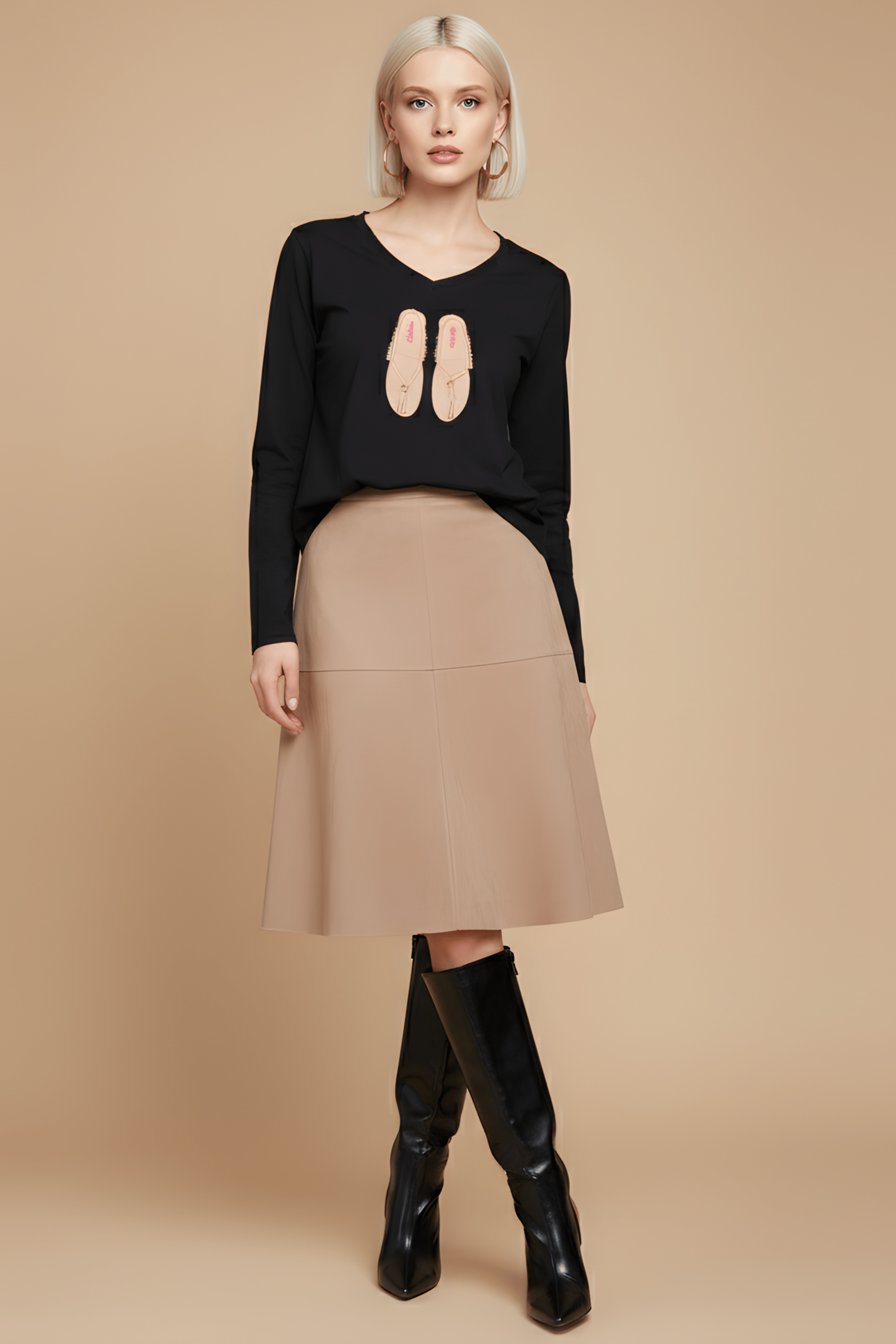 Camiseta negra bordado sandalias cuero manga larga Lolitas&L - lolitasyl.com