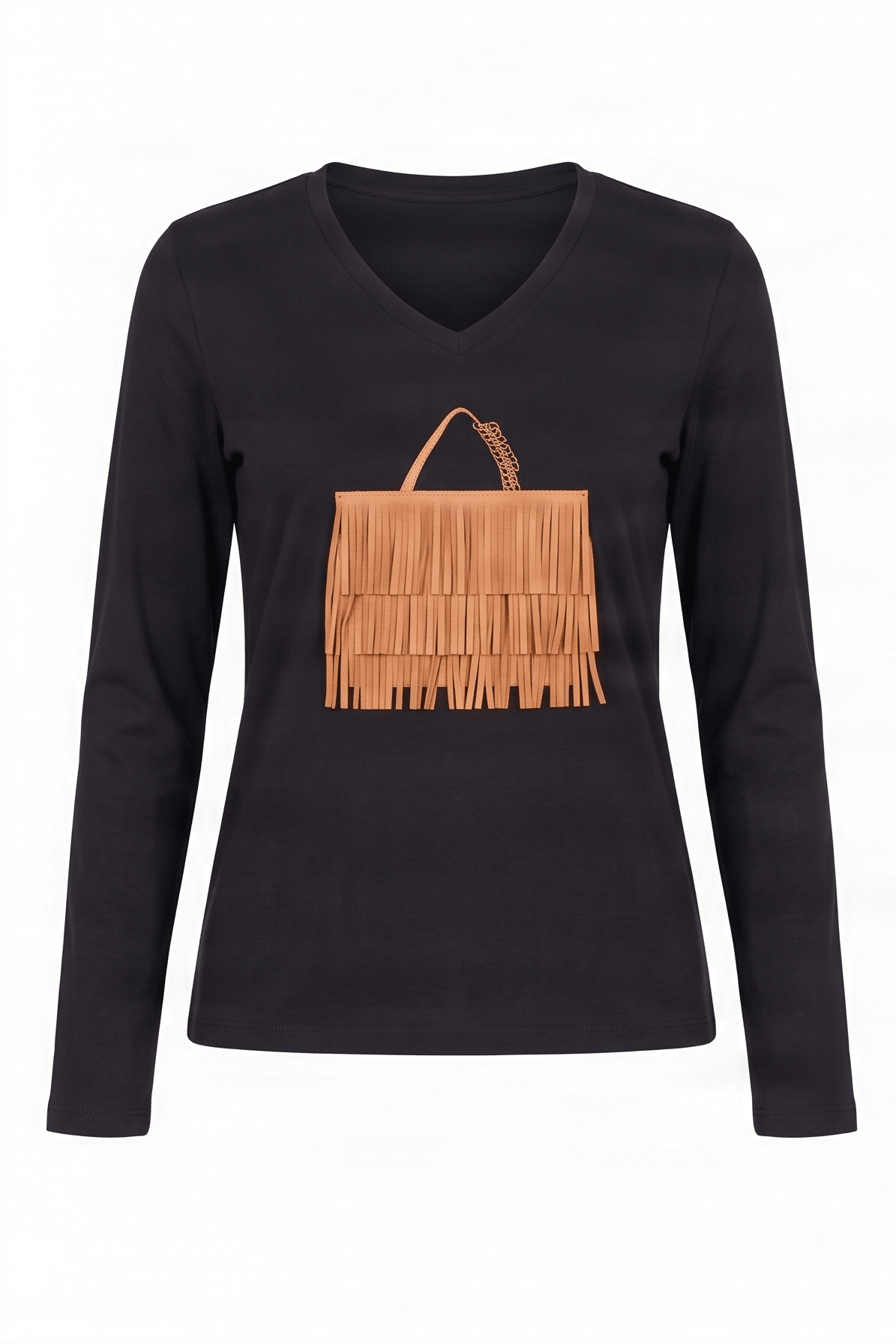 Camiseta negra con bolsito de flecos marron manga larga Lolitas&L - lolitasyl.com