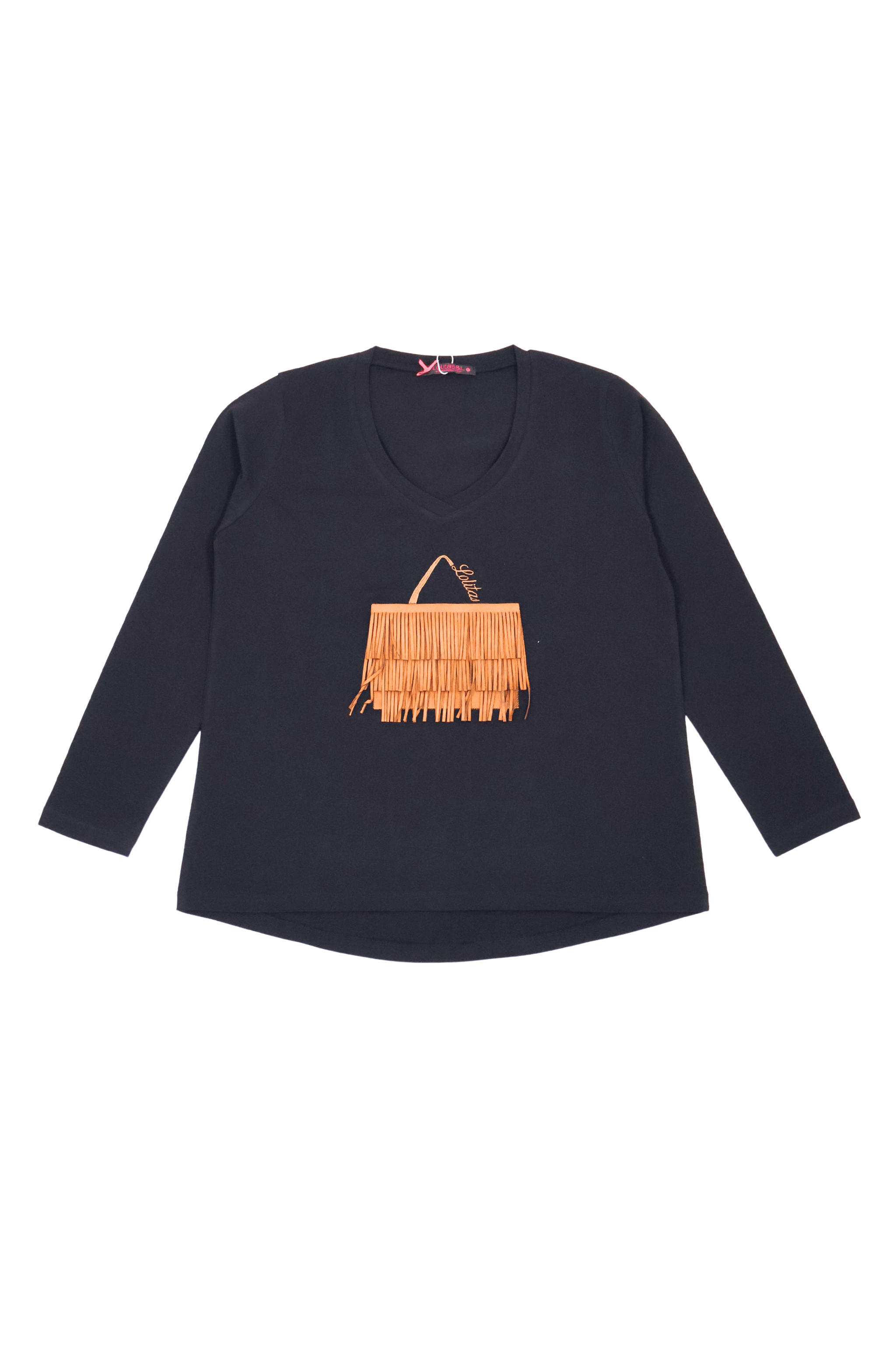 Camiseta negra con bolsito de flecos marron manga larga Lolitas&L - lolitasyl.com