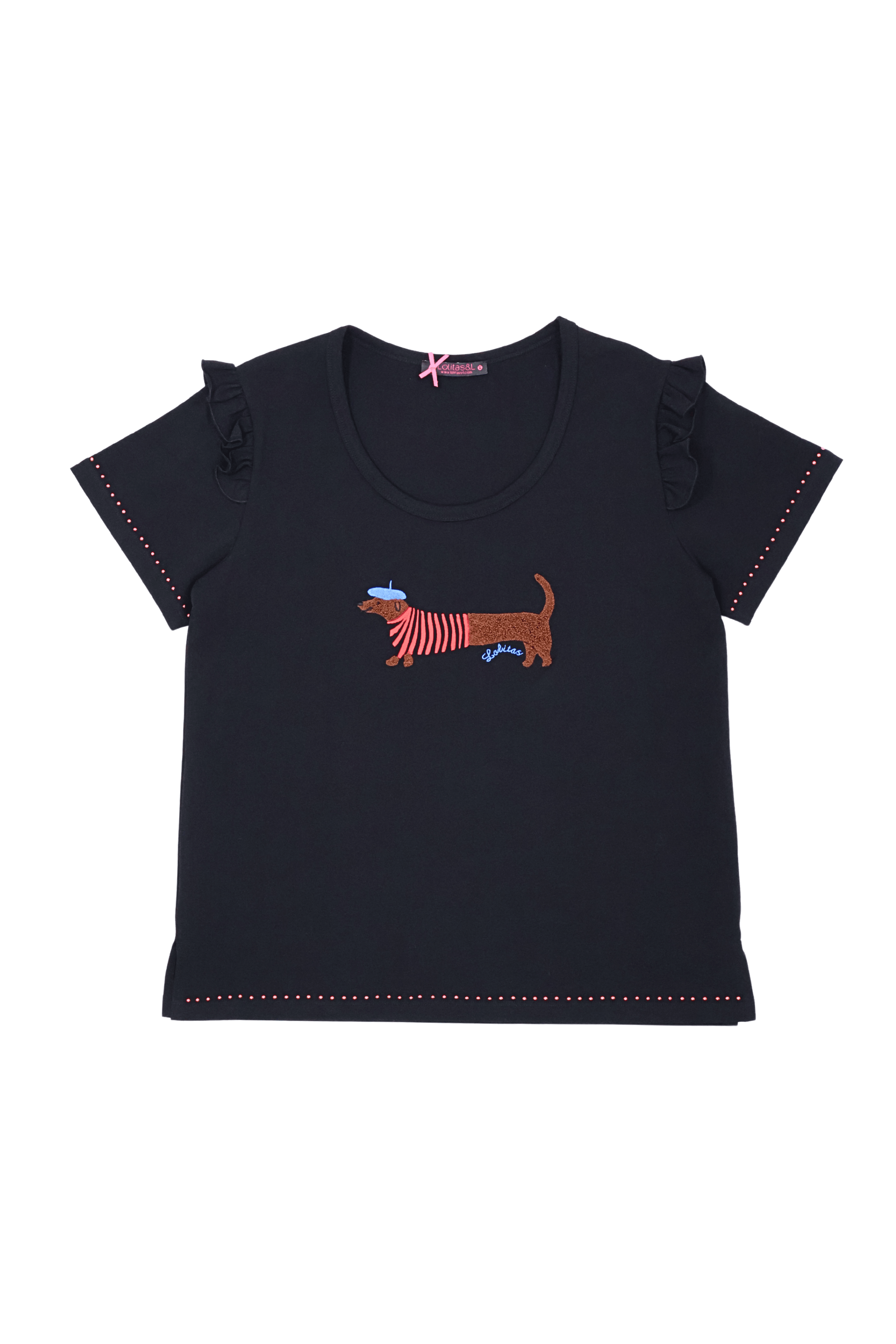Camiseta negra con bordado perro salchicha en el delantero Lolitas&L - lolitasyl.com