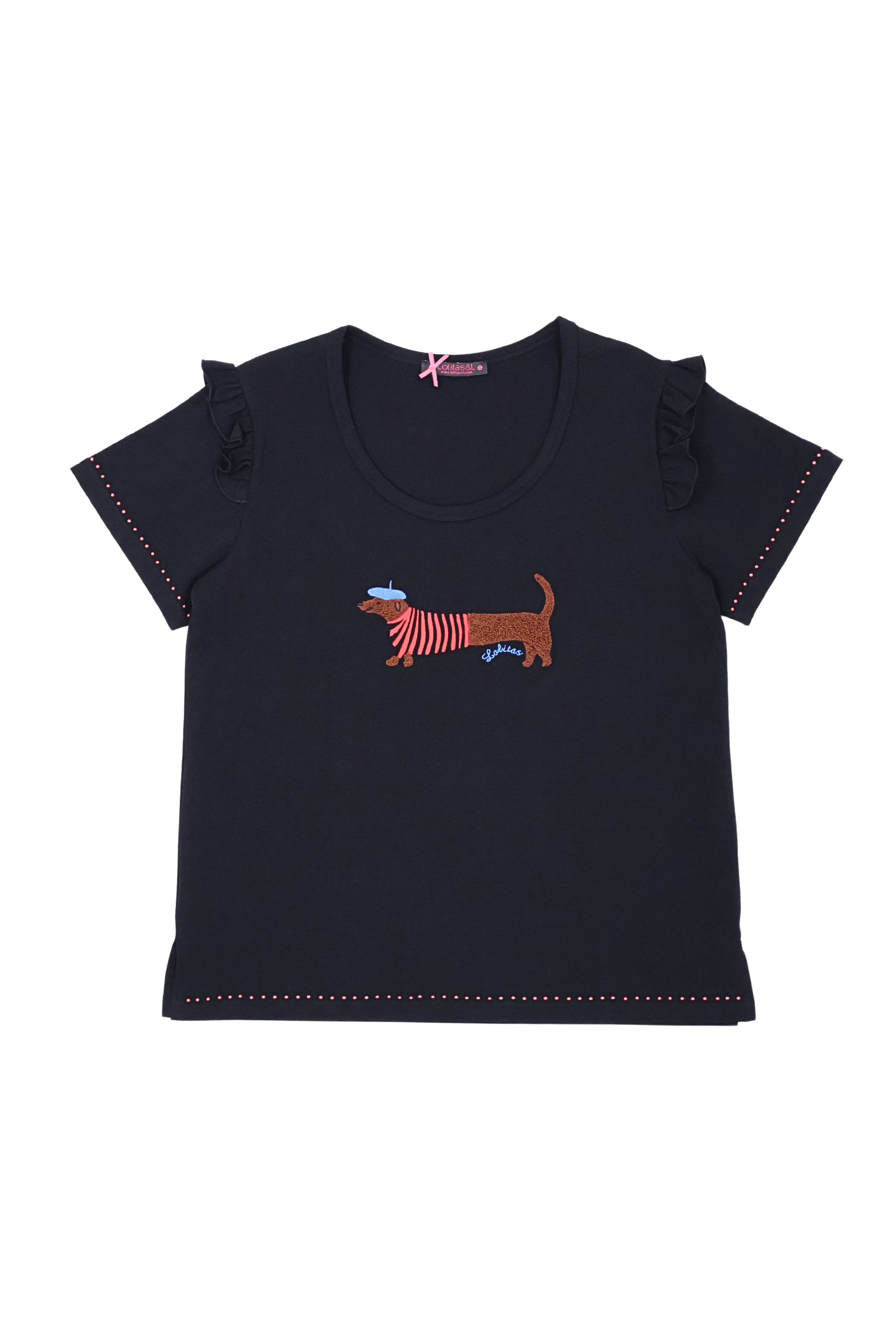 Camiseta negra con bordado perro salchicha en el delantero Lolitas&L - lolitasyl.com