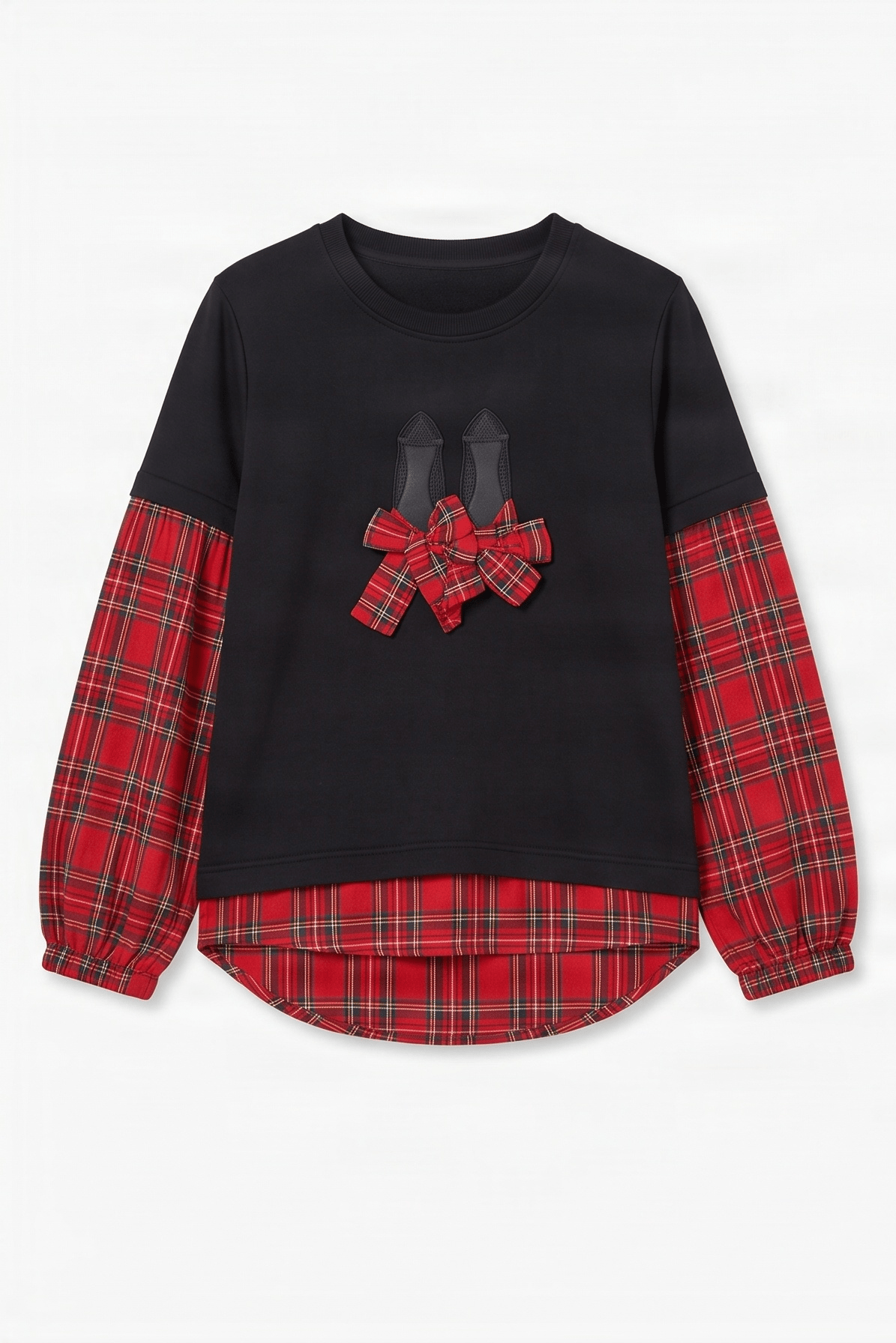 Camiseta negra con cuadro escoces rojo bordado zapatillas Lolitas&L - lolitasyl.com
