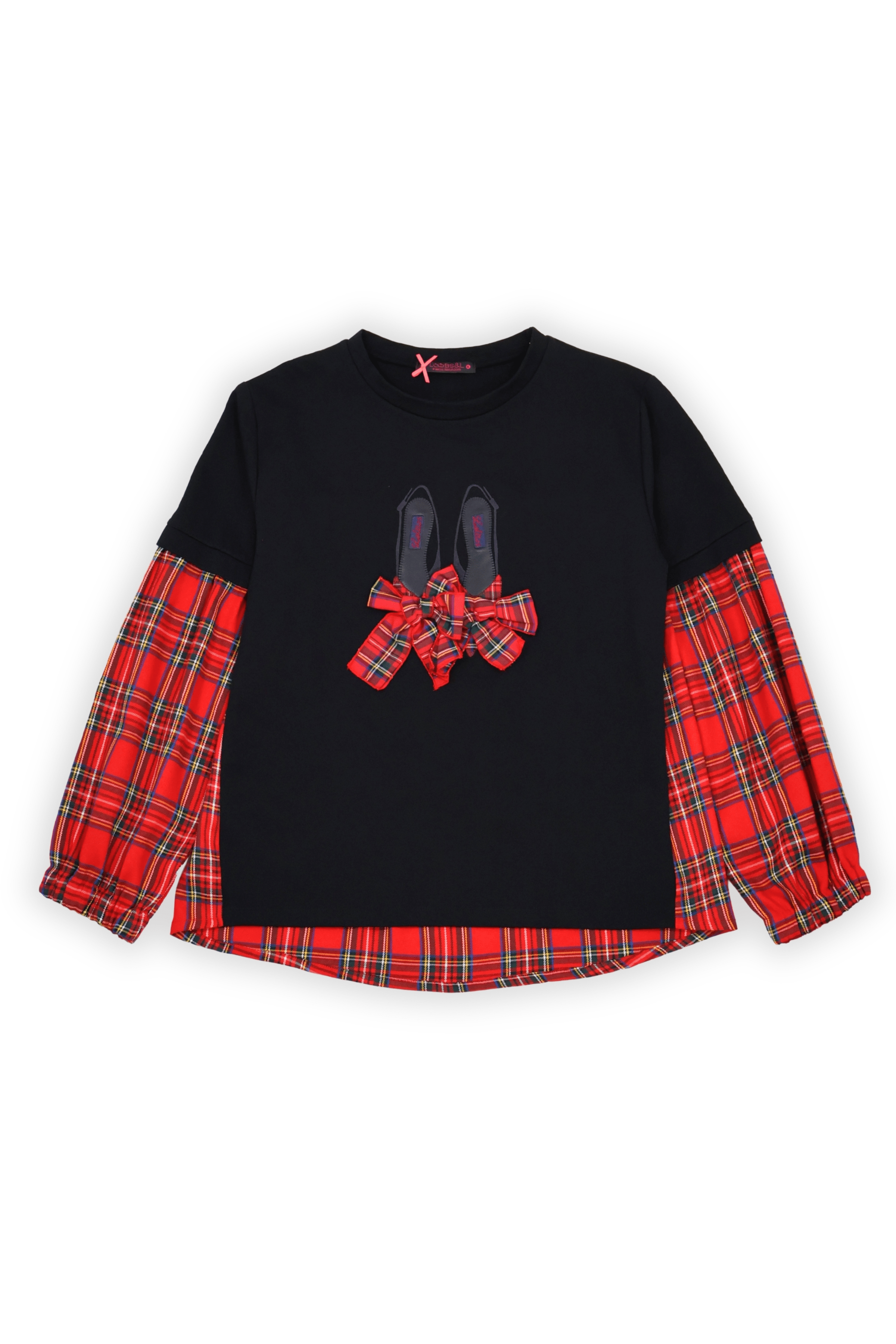 Camiseta negra con cuadro escoces rojo bordado zapatillas Lolitas&L - lolitasyl.com