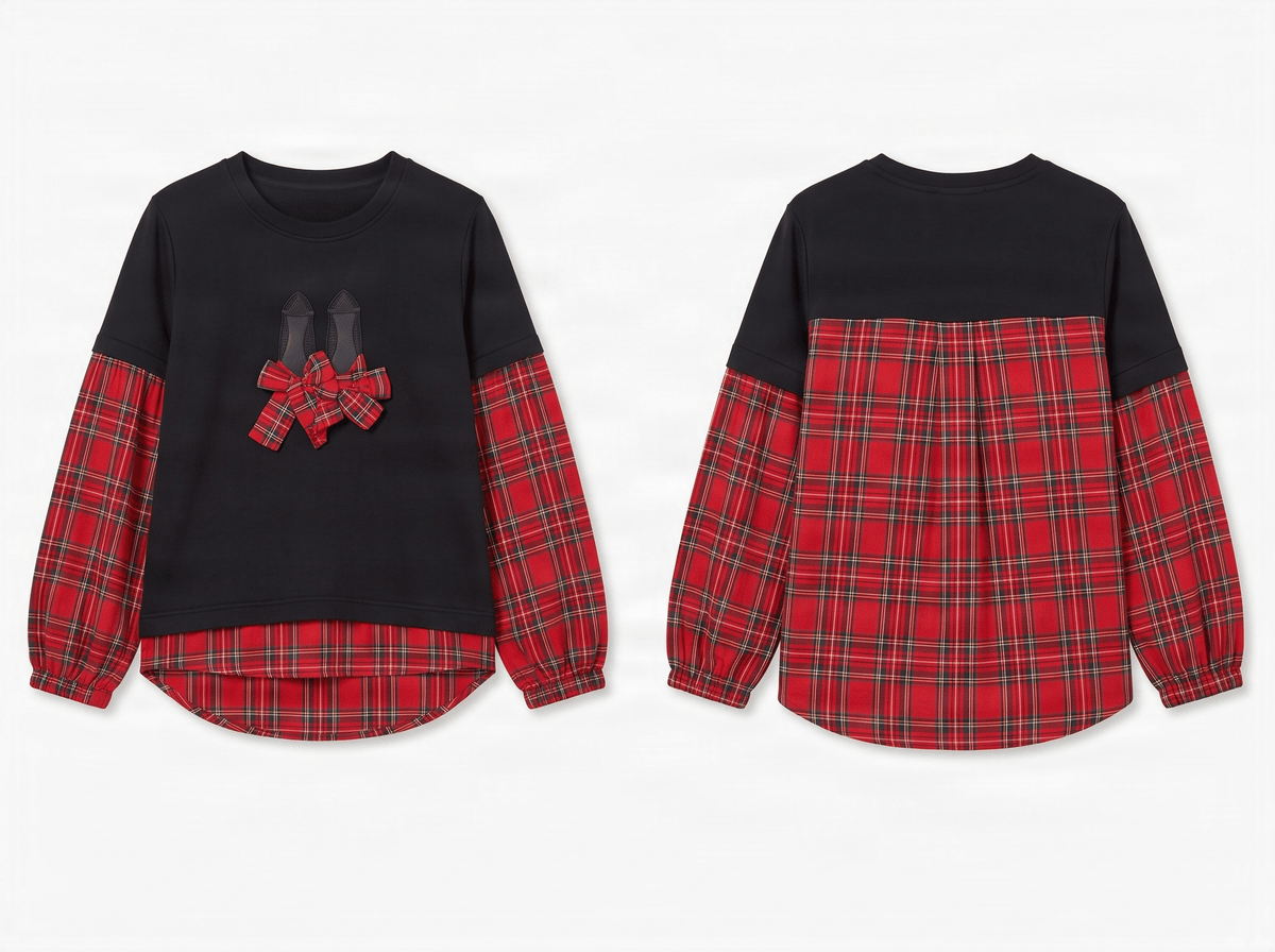 Camiseta negra con cuadro escoces rojo bordado zapatillas Lolitas&L - lolitasyl.com