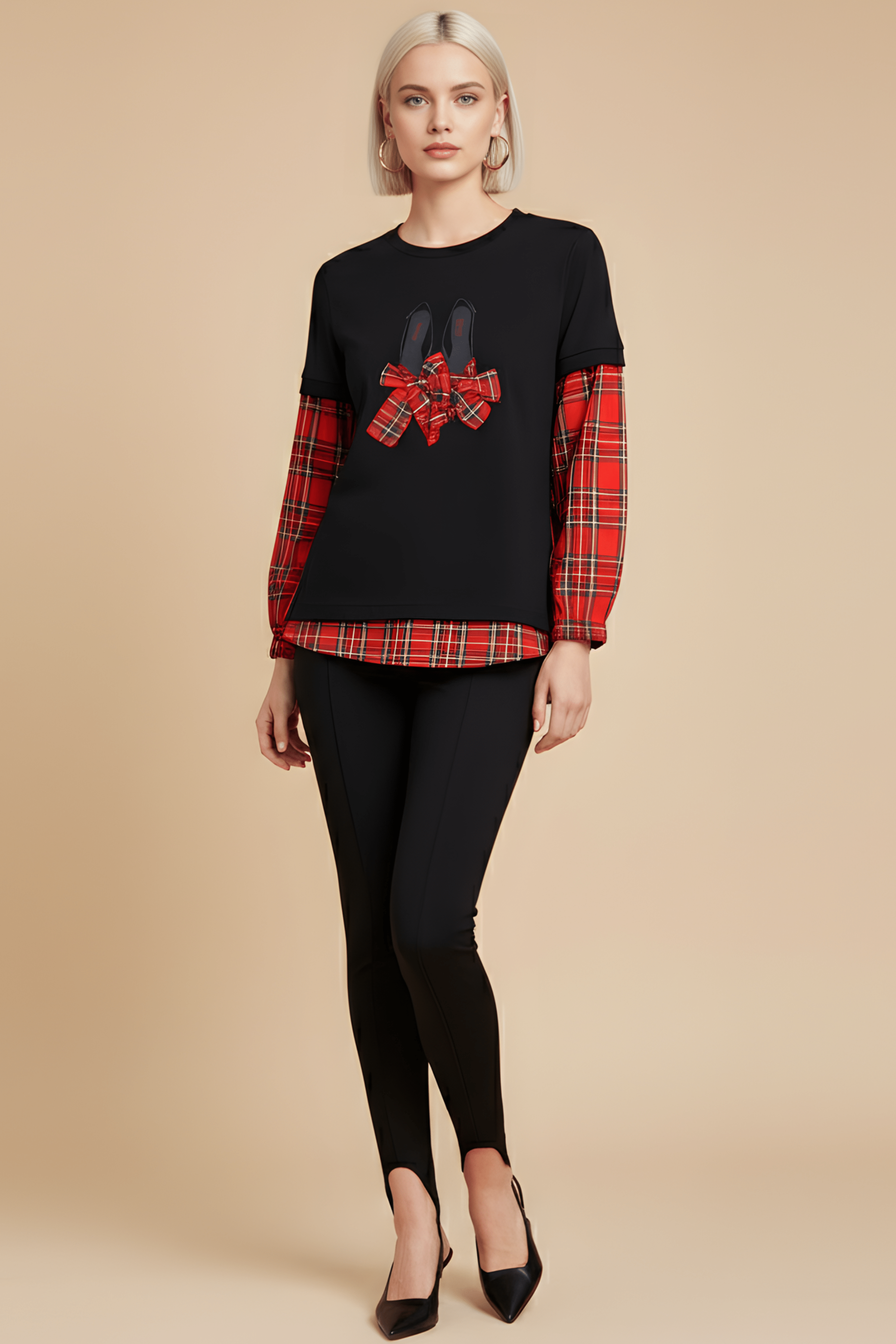 Camiseta negra con cuadro escoces rojo bordado zapatillas Lolitas&L - lolitasyl.com