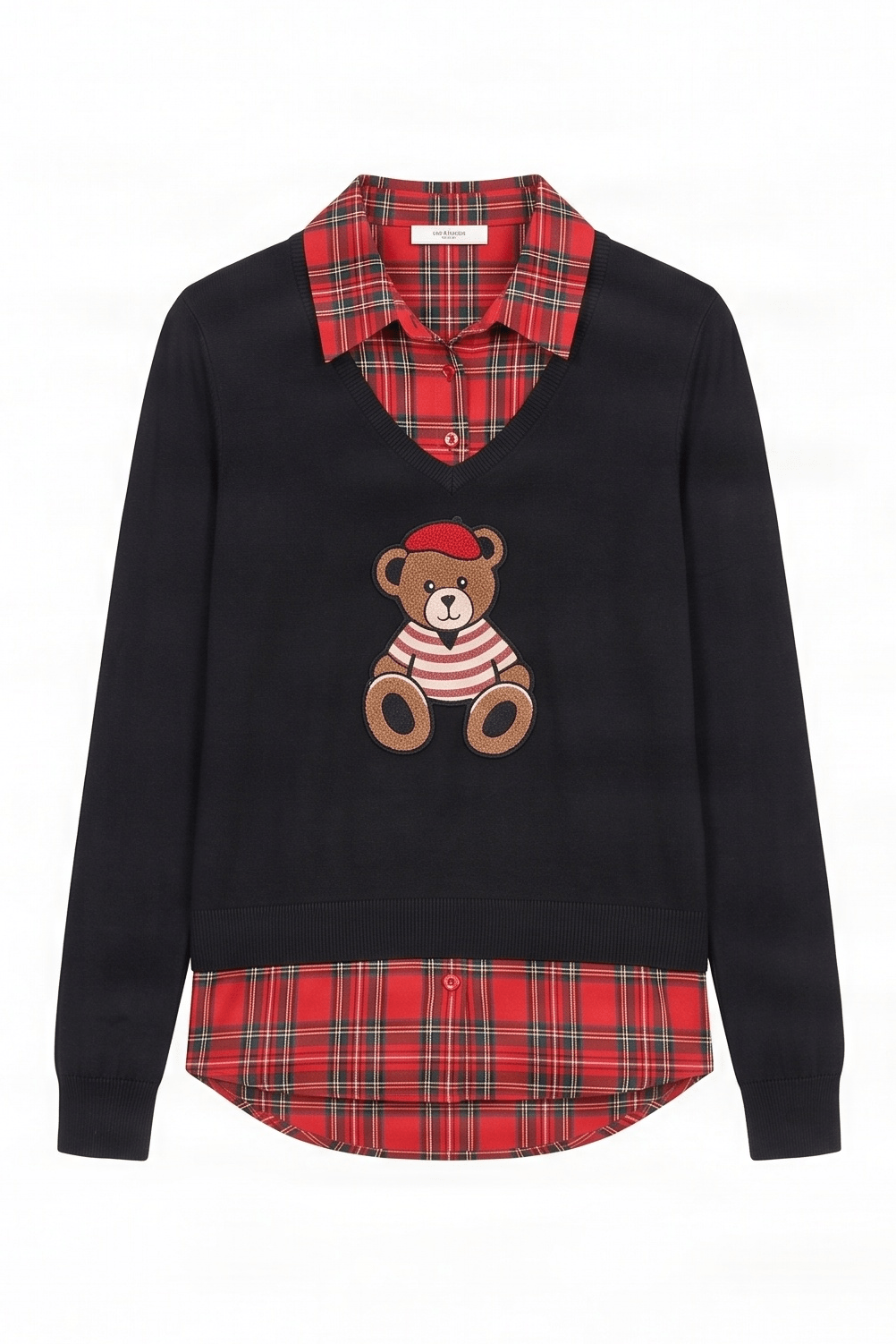 Camiseta negra con cuadro escoces verde y bordado osito Lolitas&L - lolitasyl.com