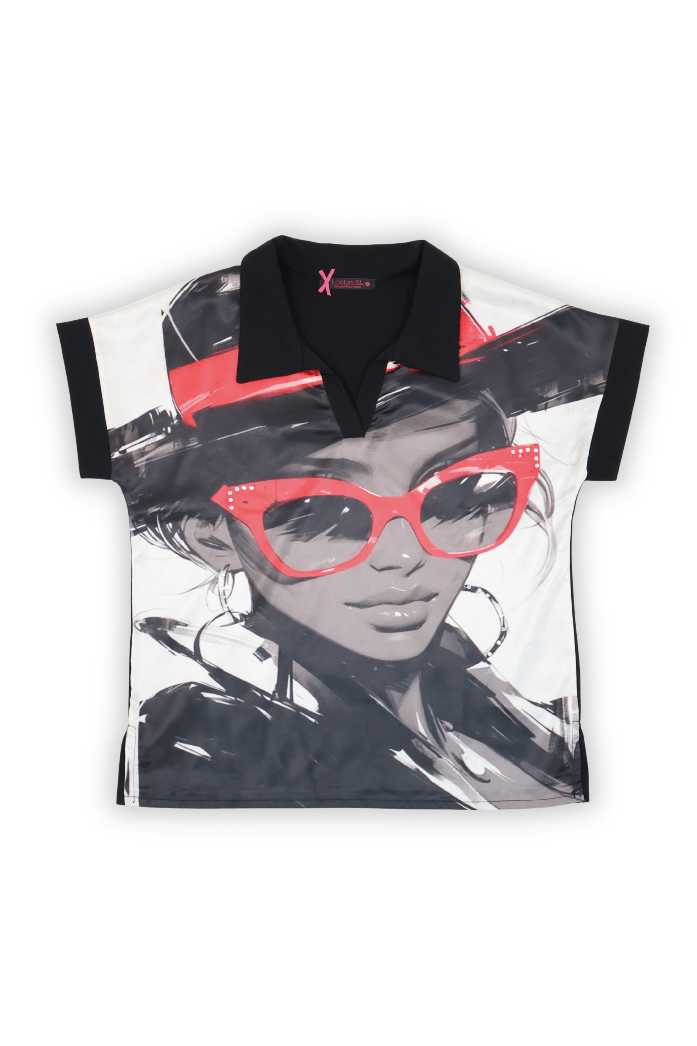 Camiseta negra con estampado silueta con gafas rojas Lolitas&L - lolitasyl.com