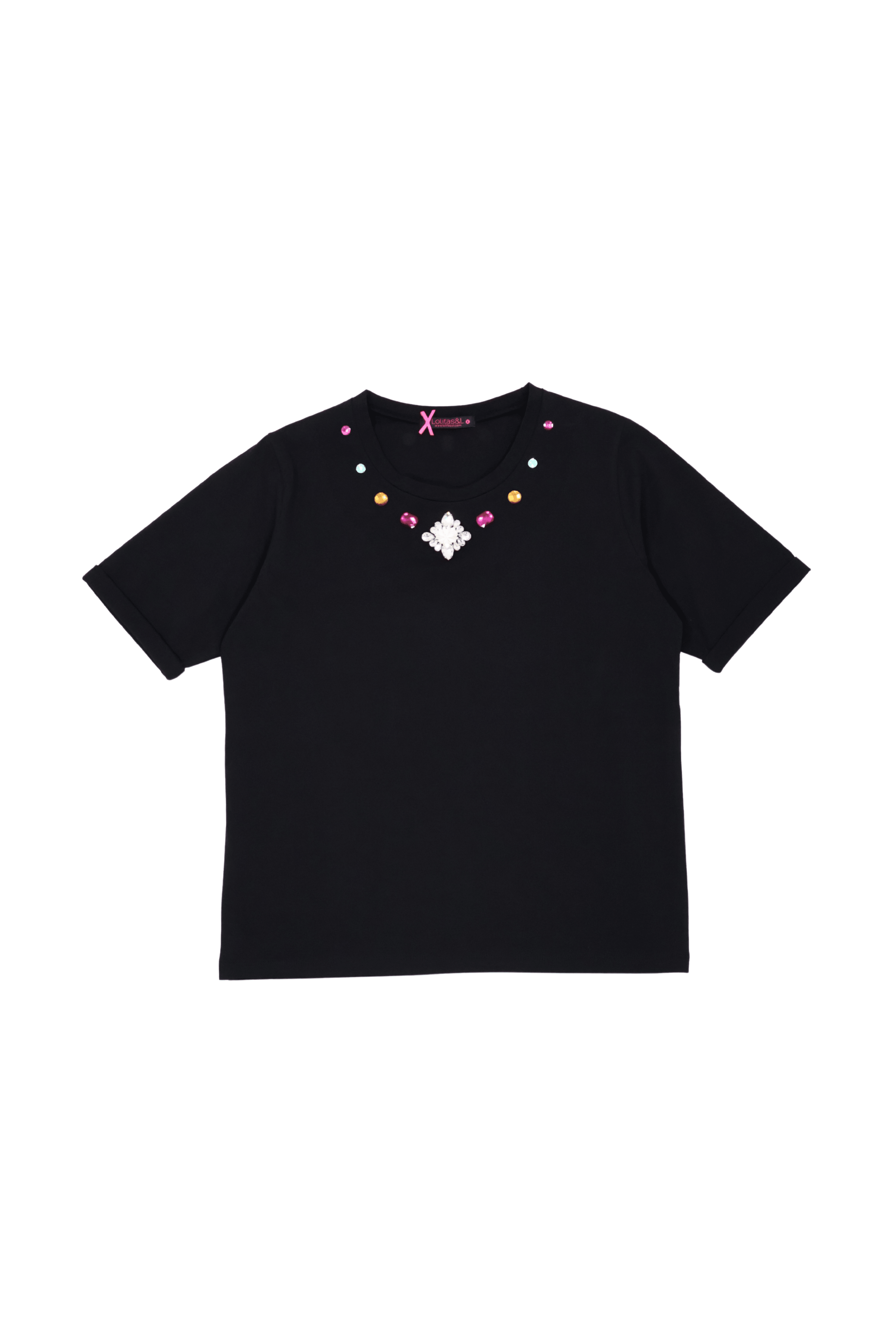 Camiseta negra con pedreria en el escote y manga corta Lolitas&L - lolitasyl.com