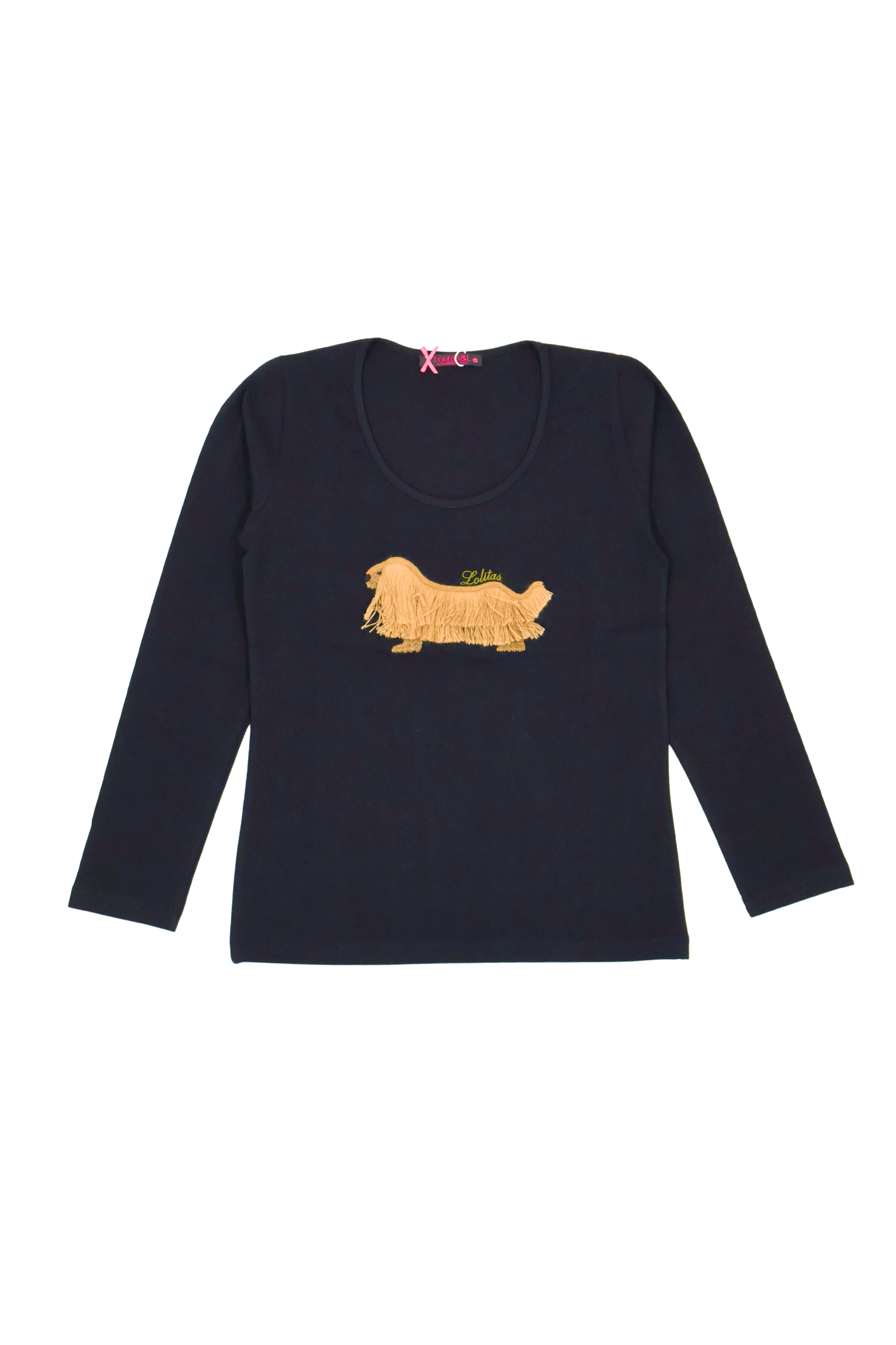 Camiseta negra con perro bordado de flecos manga larga Lolitas&L - lolitasyl.com