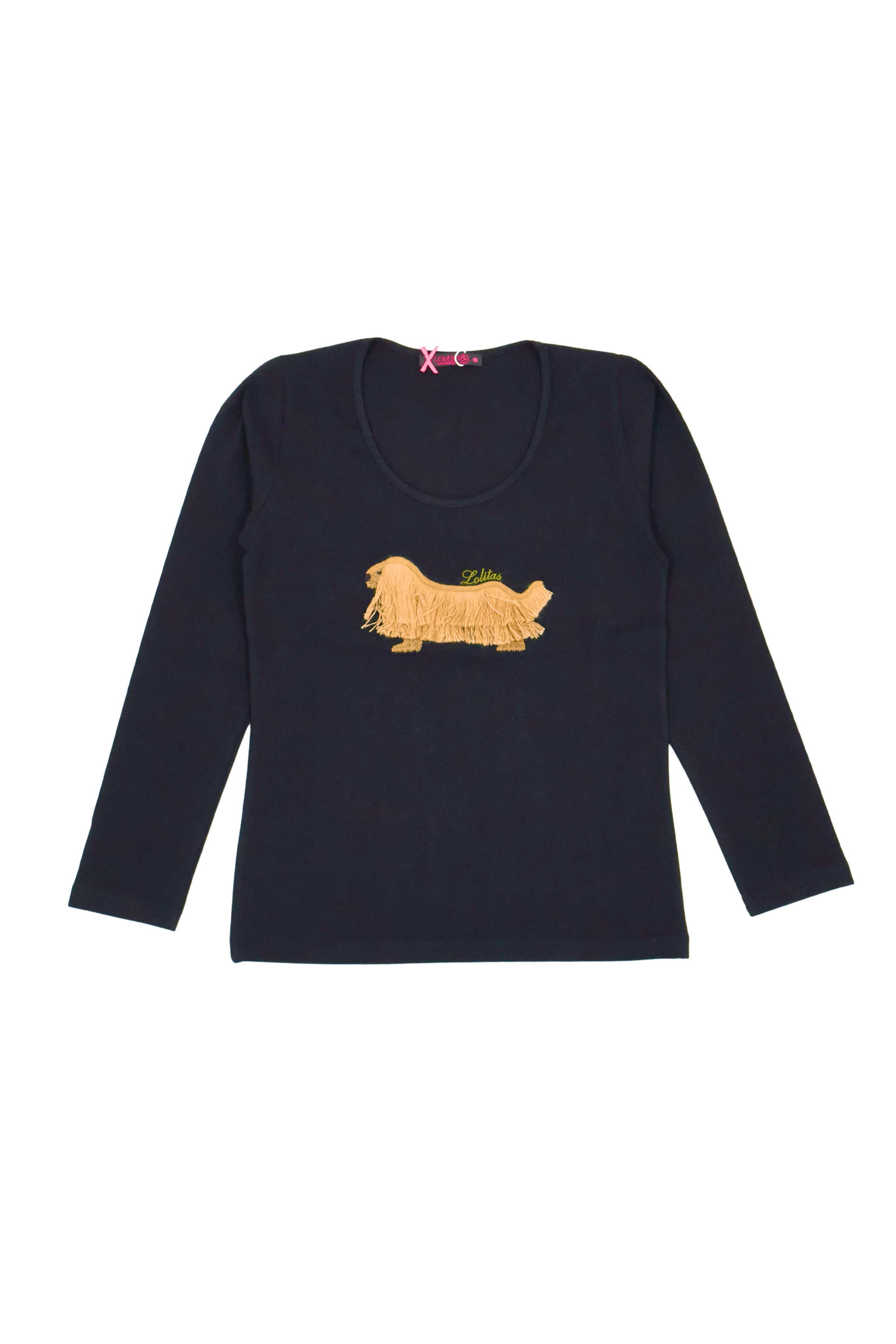 Camiseta negra con perro bordado de flecos manga larga Lolitas&L - lolitasyl.com