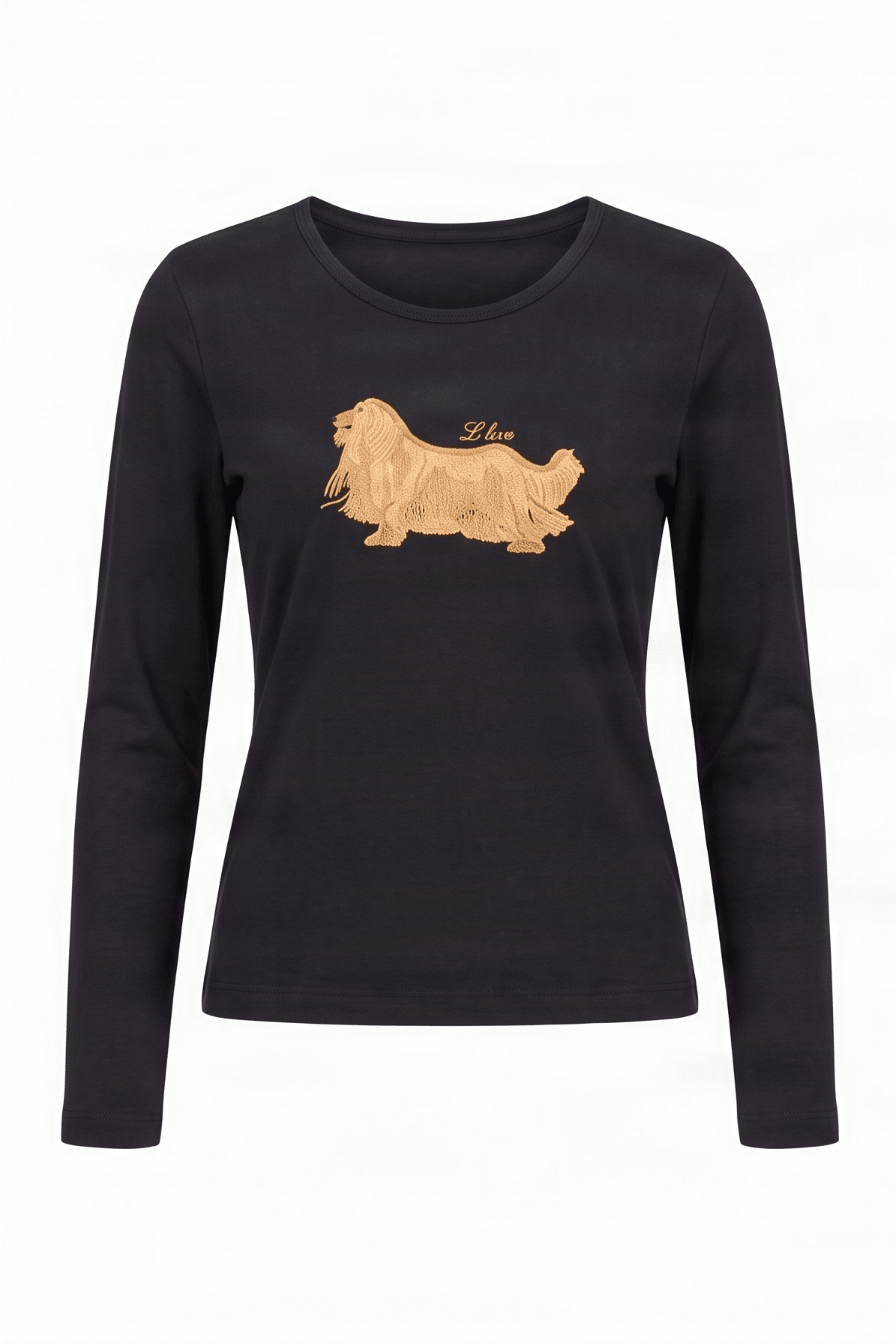Camiseta negra con perro bordado de flecos manga larga Lolitas&L - lolitasyl.com