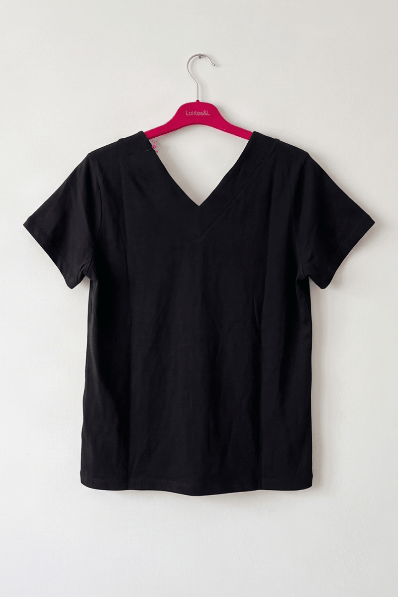 Camiseta Negra de Manga Corta con Ilustración Bordada Preloved - lolitasyl.com