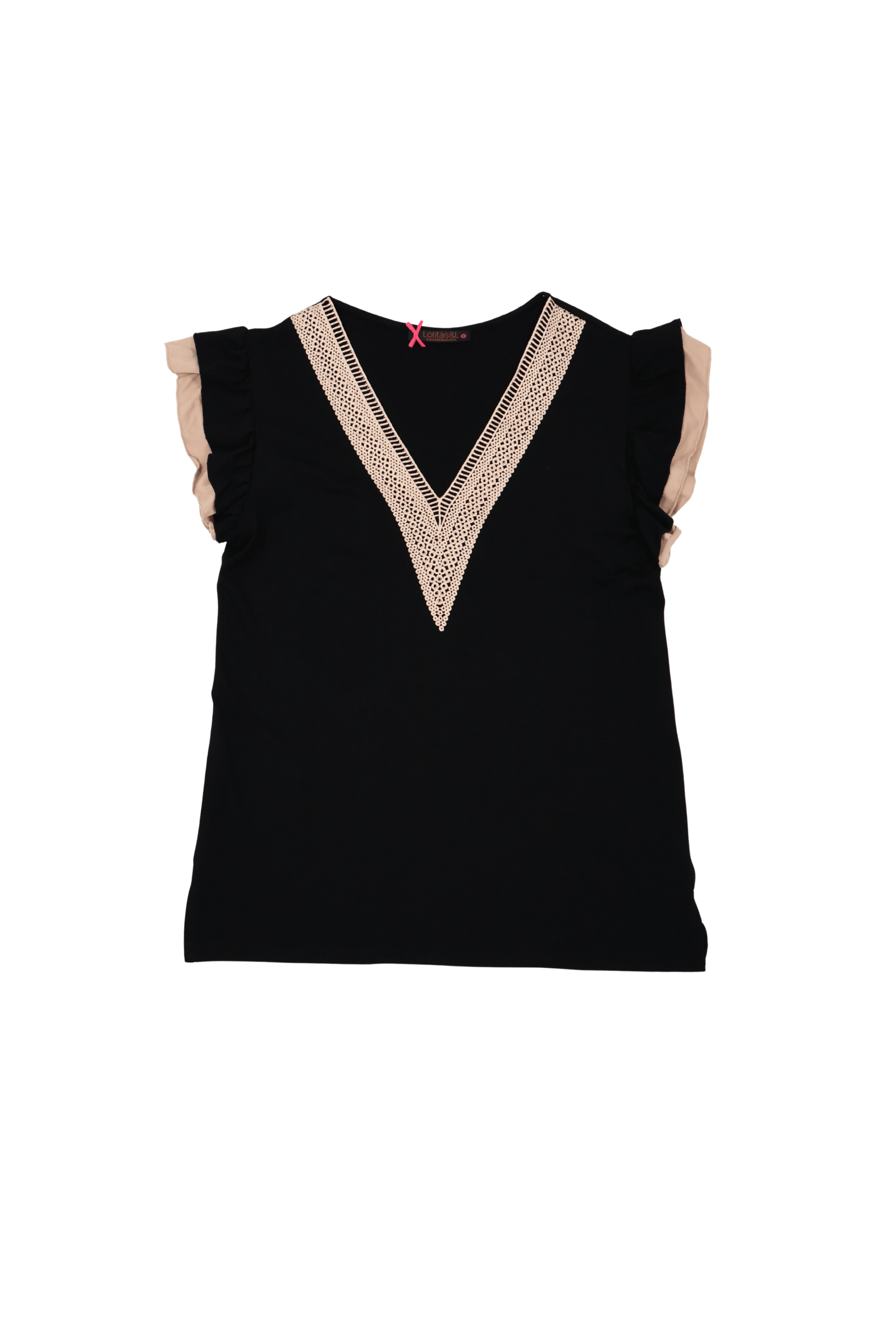 Camiseta negra escote uve con encaje contraste Lolitas&L - lolitasyl.com