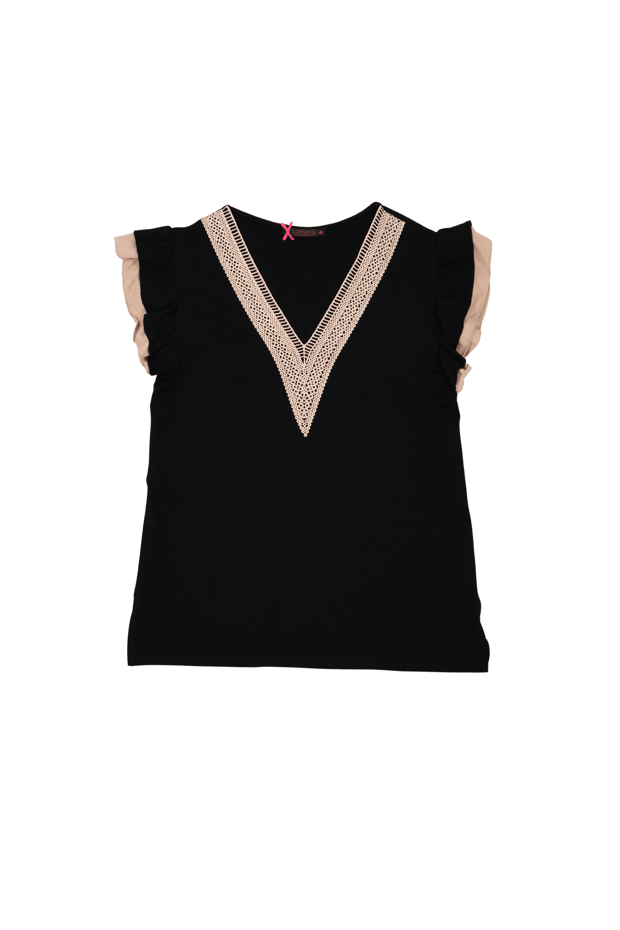 Camiseta negra escote uve con encaje contraste Lolitas&L - lolitasyl.com