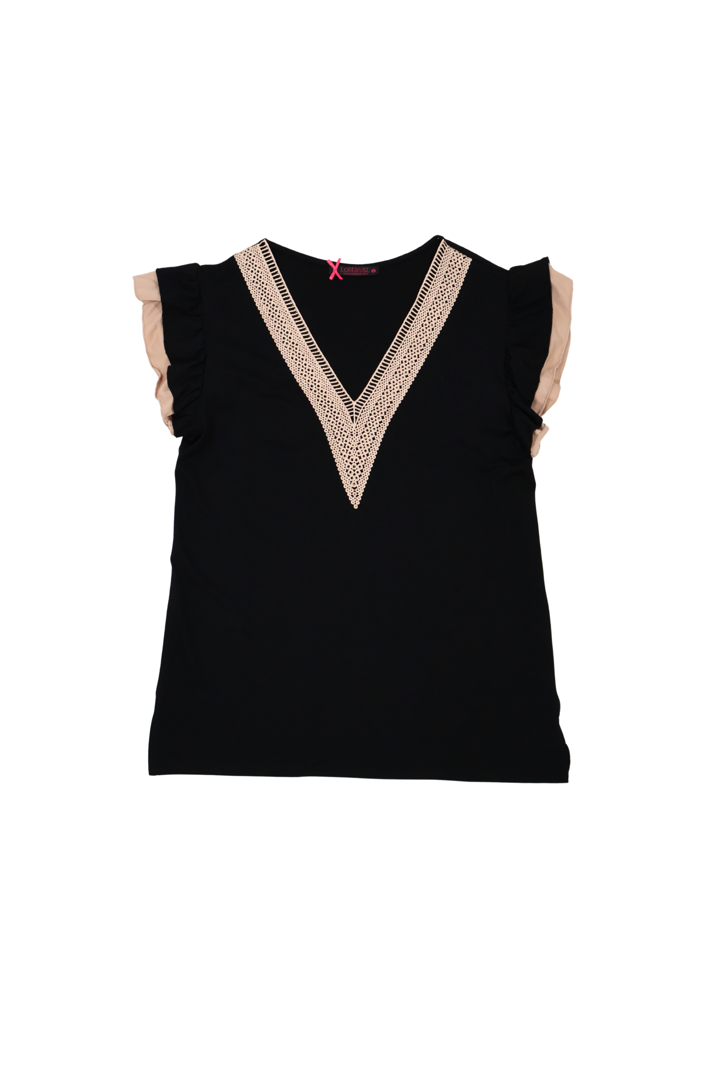 Camiseta negra escote uve con encaje contraste Lolitas&L