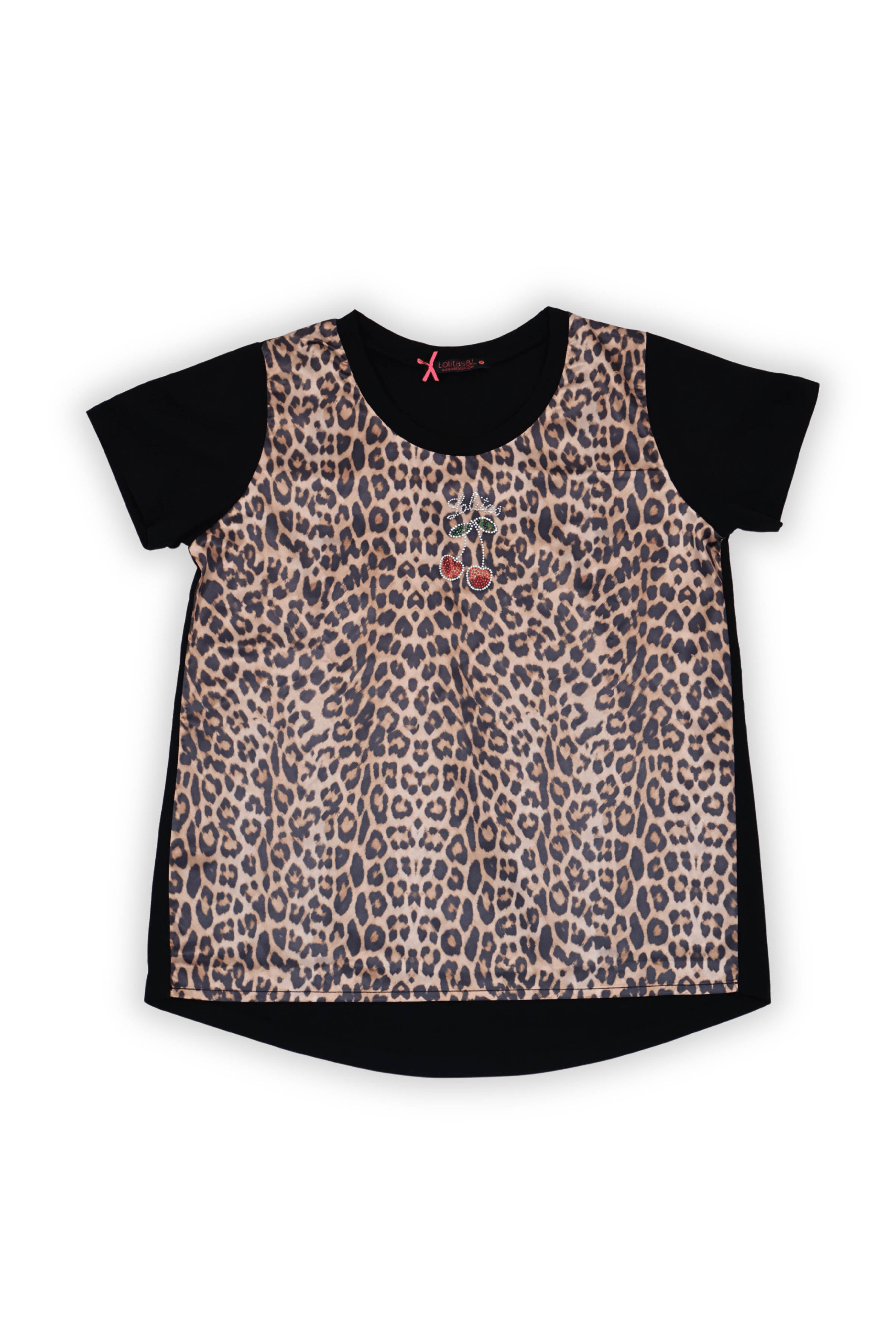 Camiseta negra estampado animal print con cereza de strass Lolitas&L - lolitasyl.com