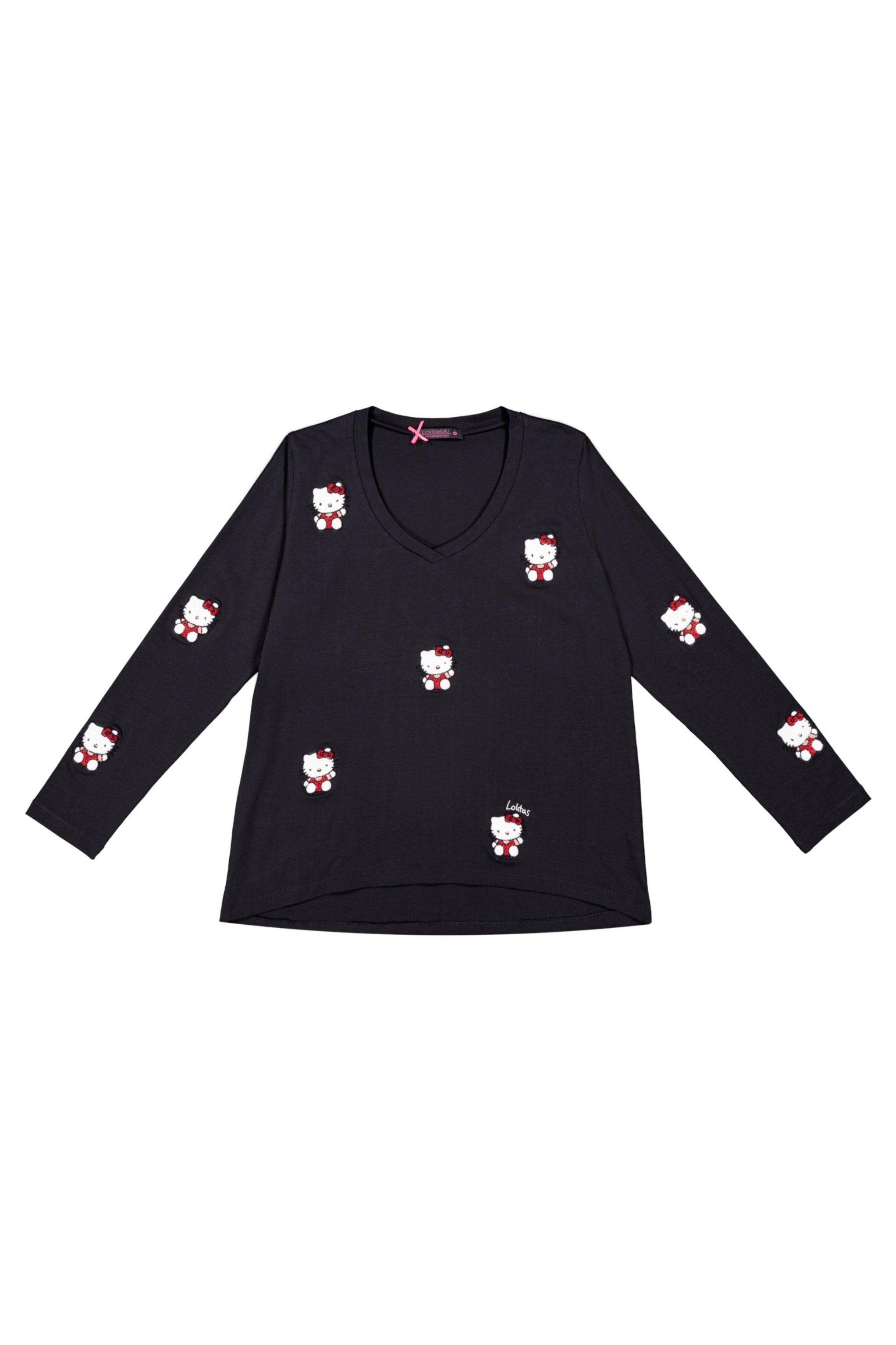 Camiseta negra motivo bordado mini Kitty Lolitas&L - lolitasyl.com