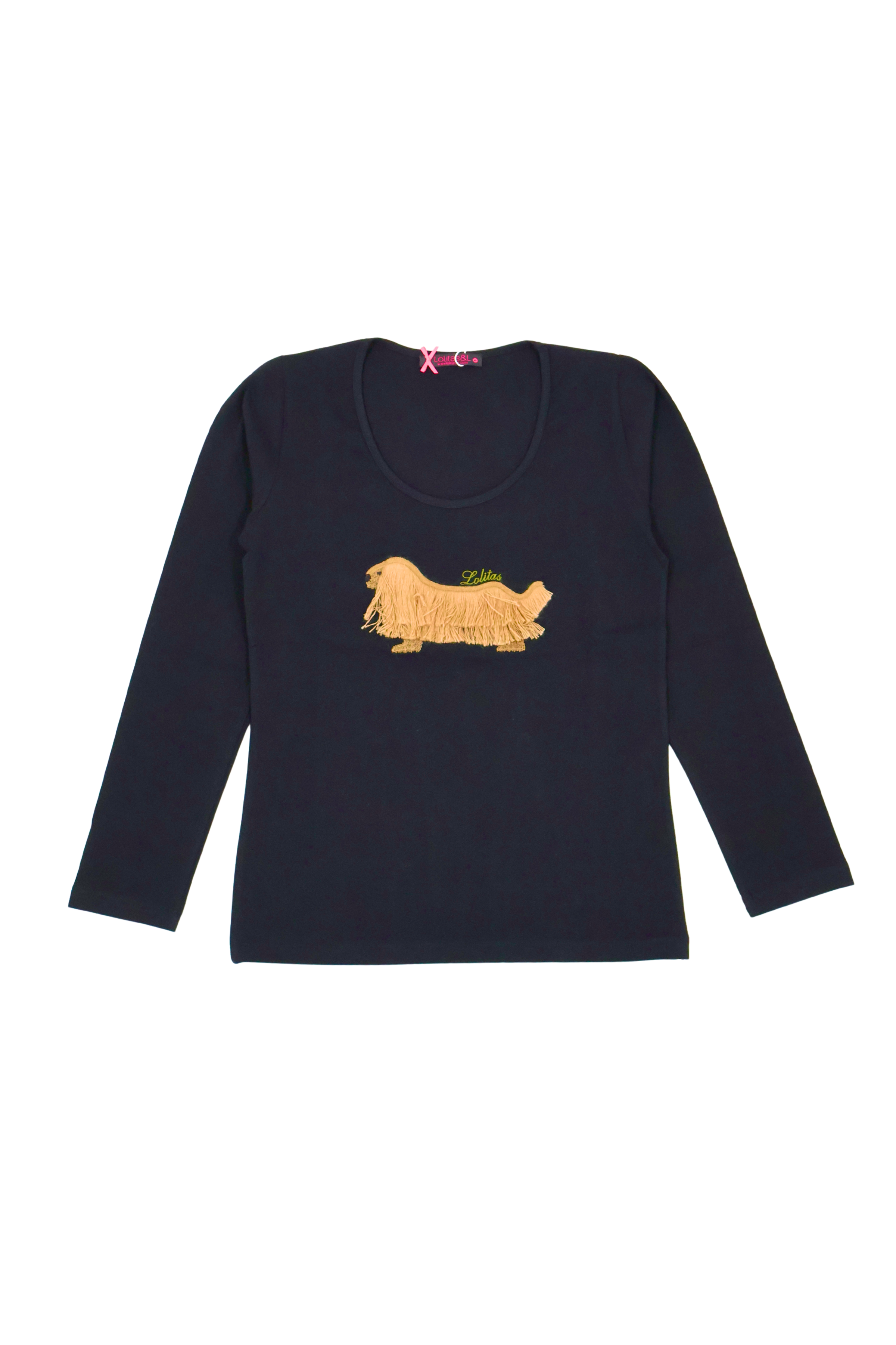 Camiseta negra con perro bordado de flecos manga larga Lolitas&L