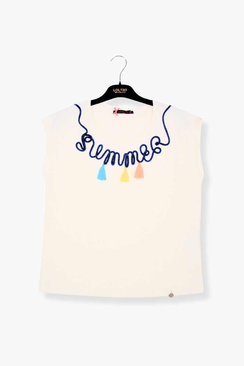 Camiseta Preloved blanca bordado cordon y pompom en escote Lolitas&L