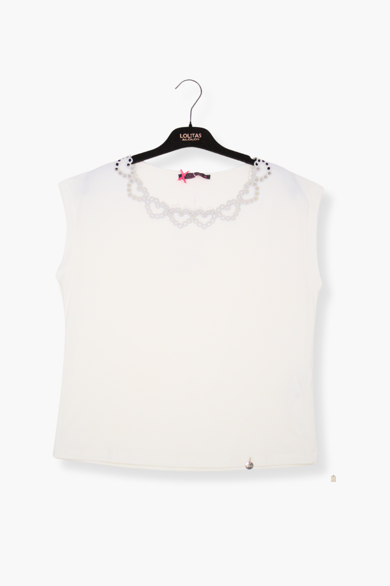 Camiseta Preloved blanca con bordado en el escote a contraste Lolitas&L