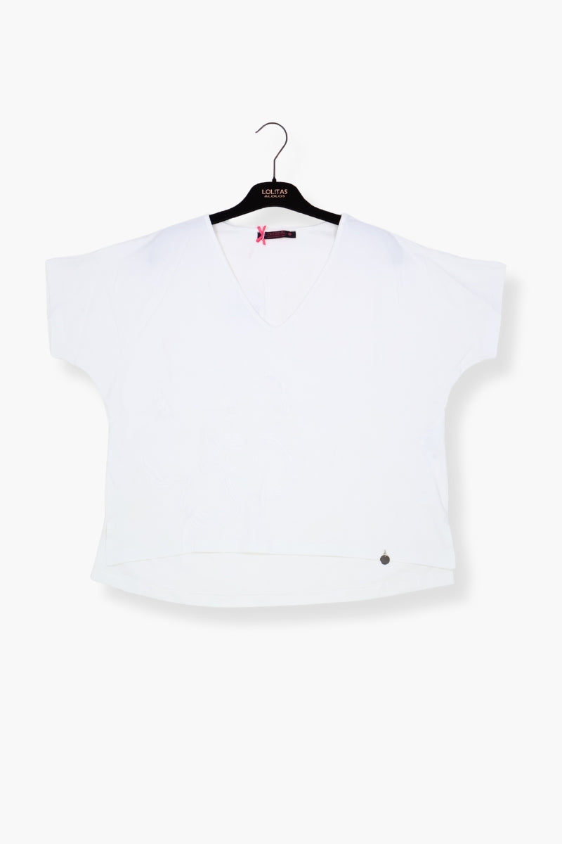 Camiseta Preloved blanca con bordado al tono flor LolitasyL