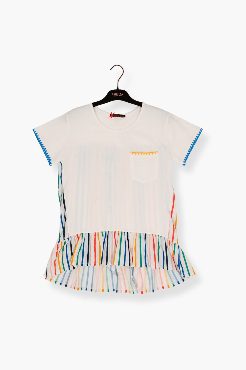 Camiseta Preloved blanca con espalda en rayas multicolor Lolitas&L - lolitasyl.com