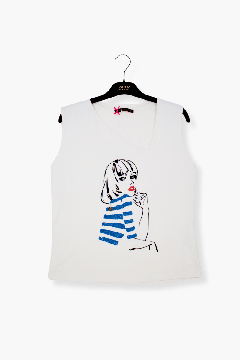 Camiseta preloved blanca escote asimetrico con estampado silueta Lolitas&L - lolitasyl.com